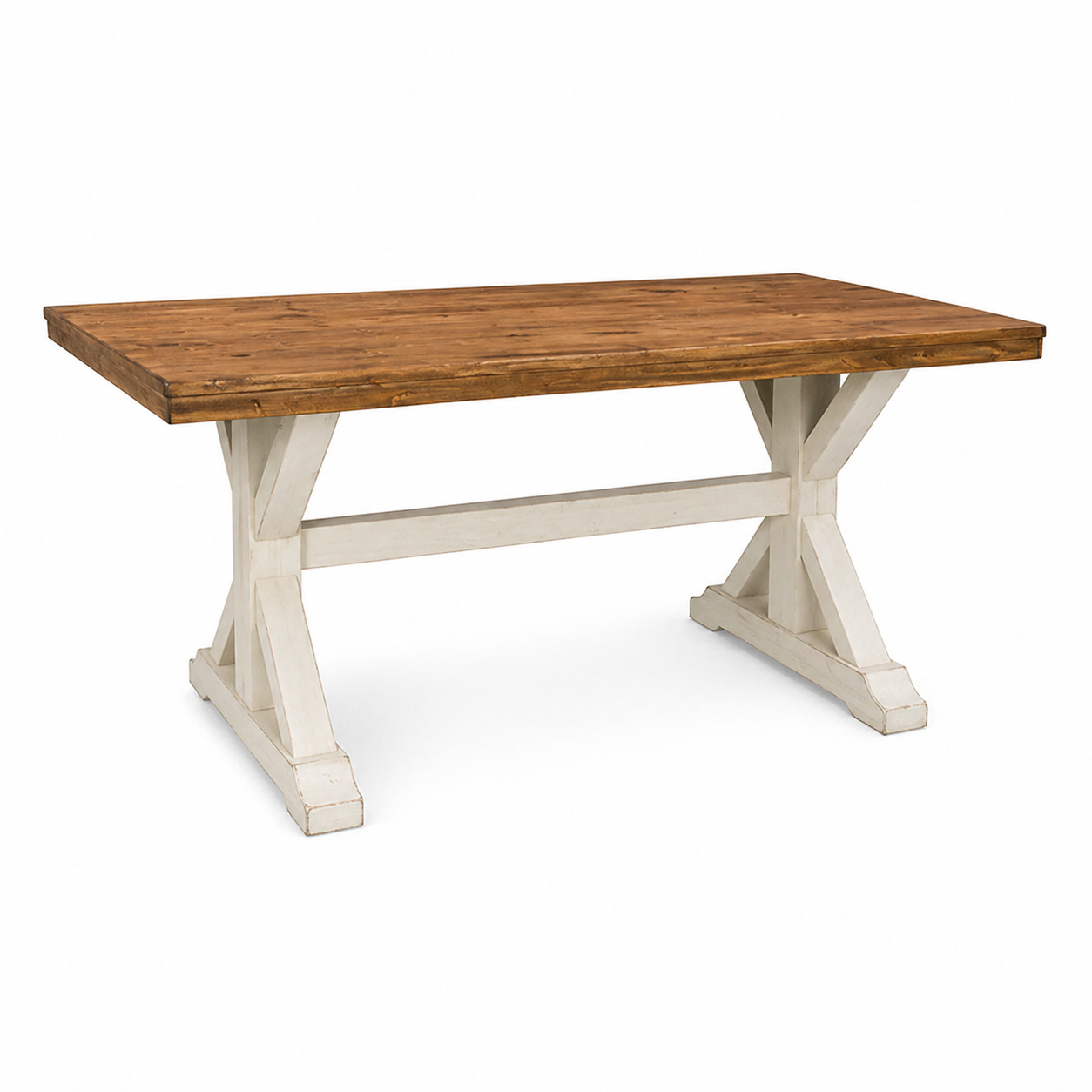 A wooden dining table with a natural wood top and white painted base.
