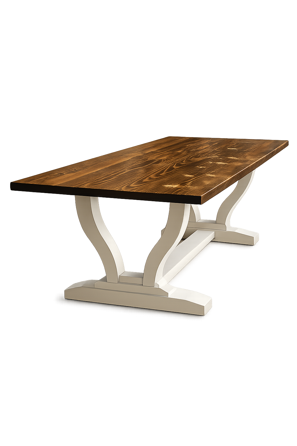 A wooden table with white curved pedestal legs.