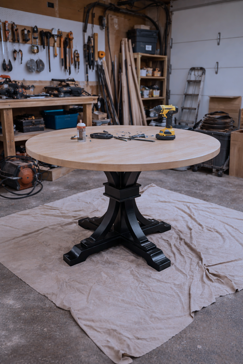 A woodworking workshop with a round table on a beige cloth, holding a cordless drill, screwdriver, and small hardware pieces. In the background, wall-mounted tools, a workbench with various tools, shelves with supplies, and leaning wood pieces are visible.
