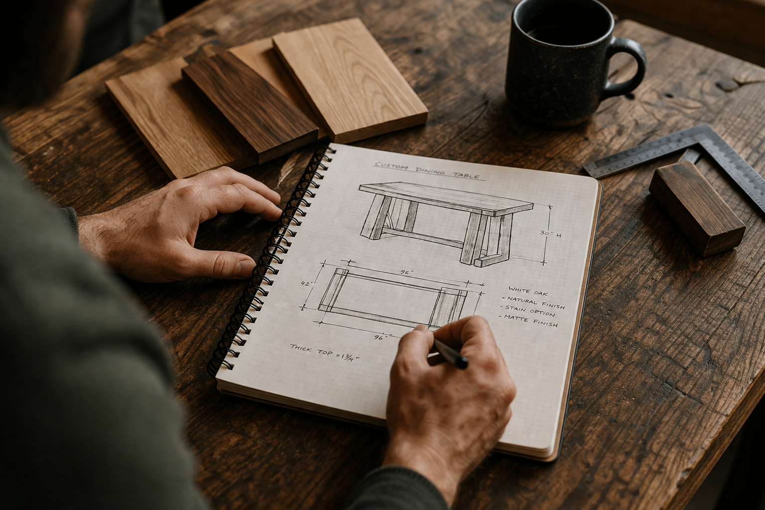 A person is designing a custom wooden dining table sketch in a notebook on a rustic wooden table. Nearby are wood samples, a black coffee mug, a square ruler, and a block of wood.