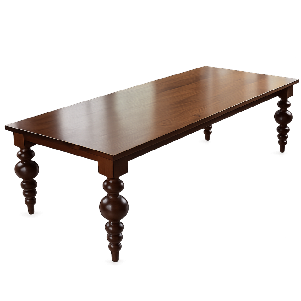 A rectangular wooden dining table with turned legs.