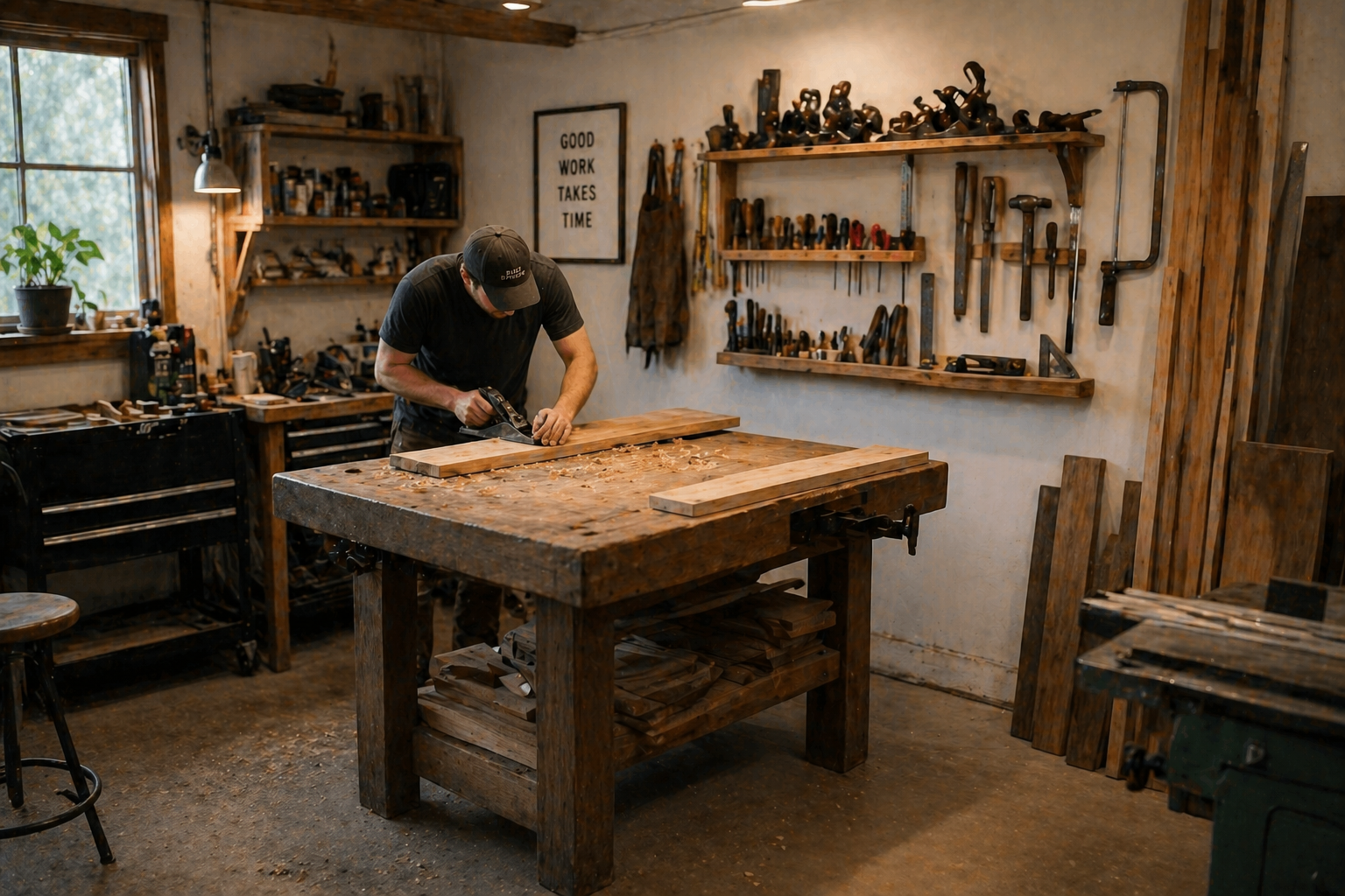 A man woodworking in a rustic workshop with a large wooden workbench, surrounded by hand tools and wood planks.