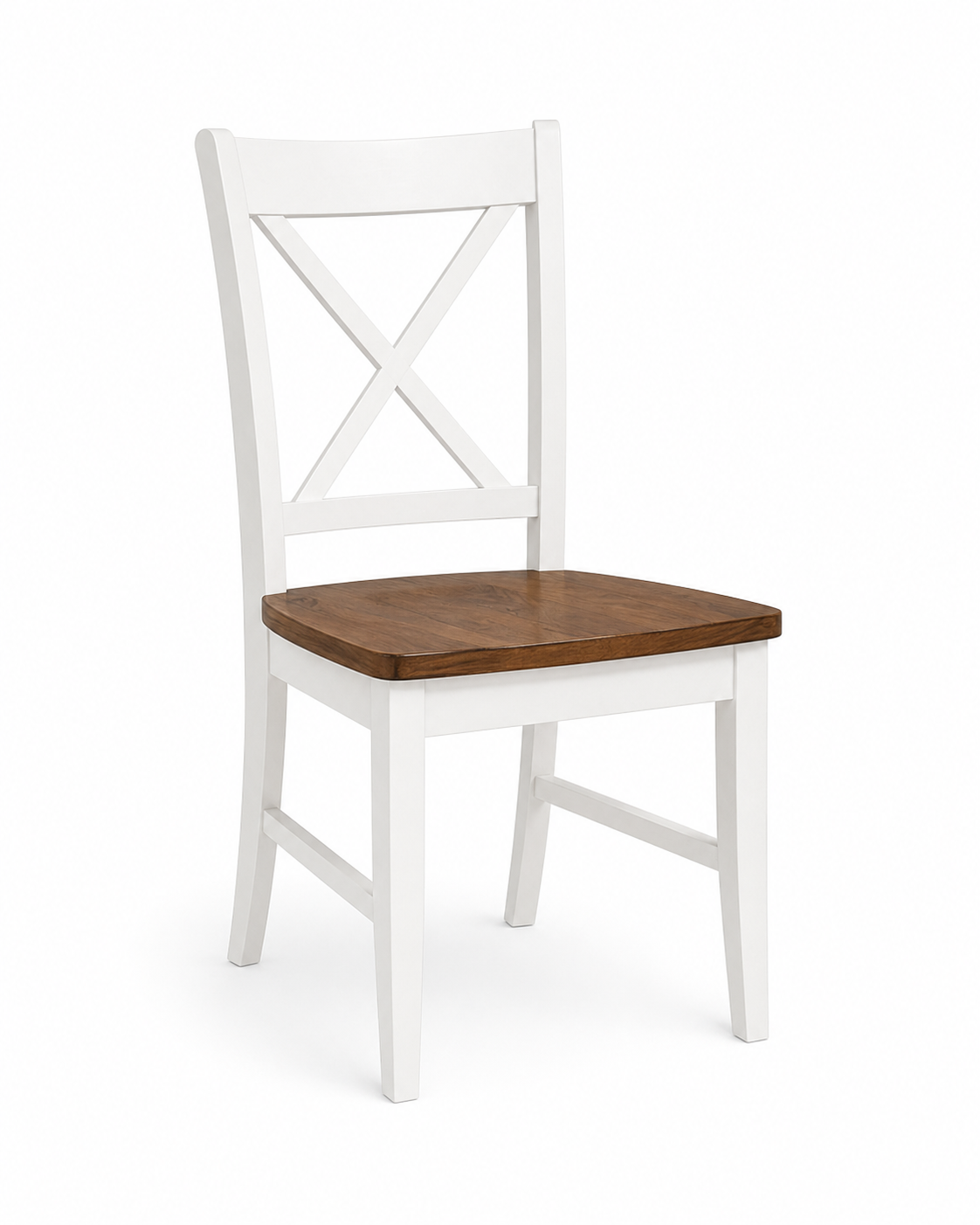 A white wooden chair with a brown wooden seat and a decorative backrest.