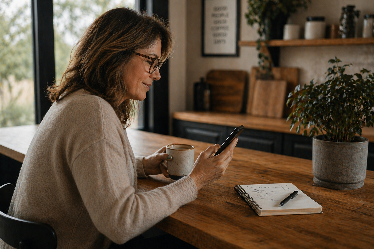 A woman with glasses, wearing a beige sweater, sitting at a wooden counter in a cozy cafe, holding a mug in one hand and a smartphone in the other, with a notebook and pen on the counter nearby and plants in the background.