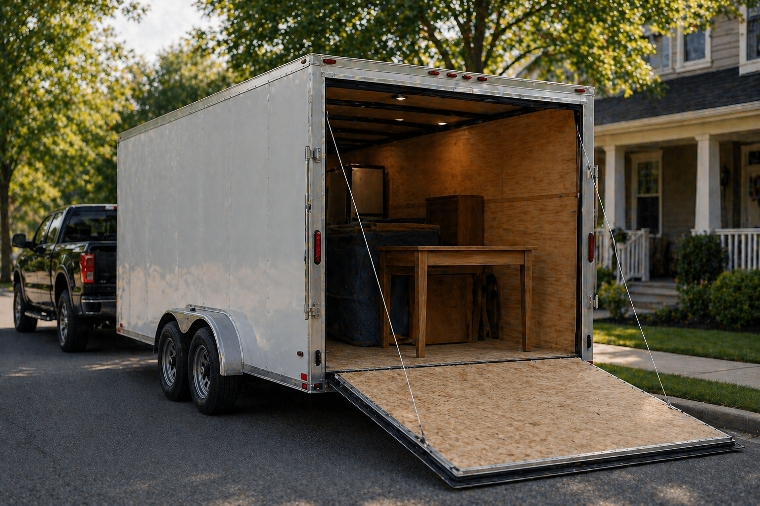 Empty white enclosed trailer on a street with its rear door down, revealing an interior with a wooden table and chest, parked next to a residential house and a black pickup truck. Green trees and a house with porch are in the background.