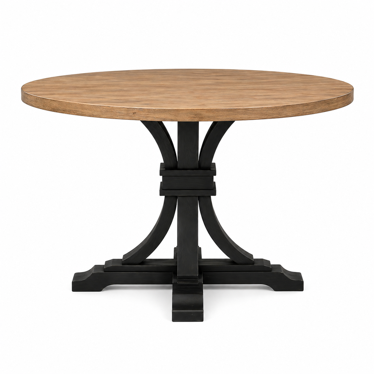 Round wooden dining table with a black pedestal base against a white background.