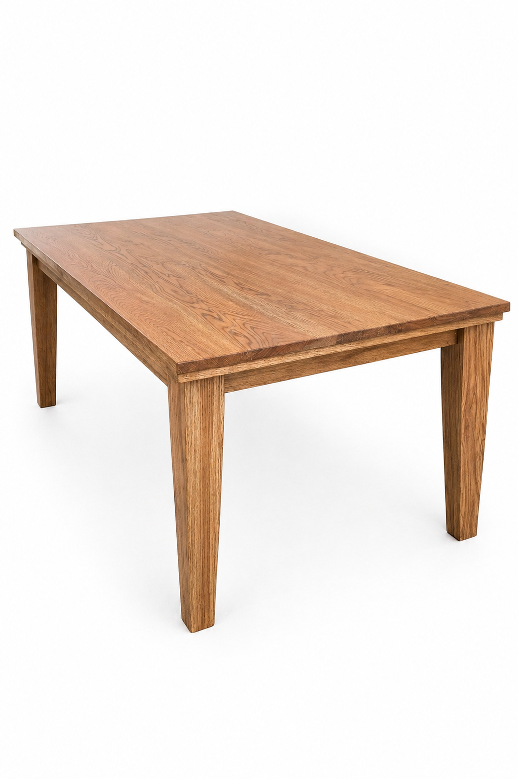 A wooden dining table with a natural wood finish on a plain white background.
