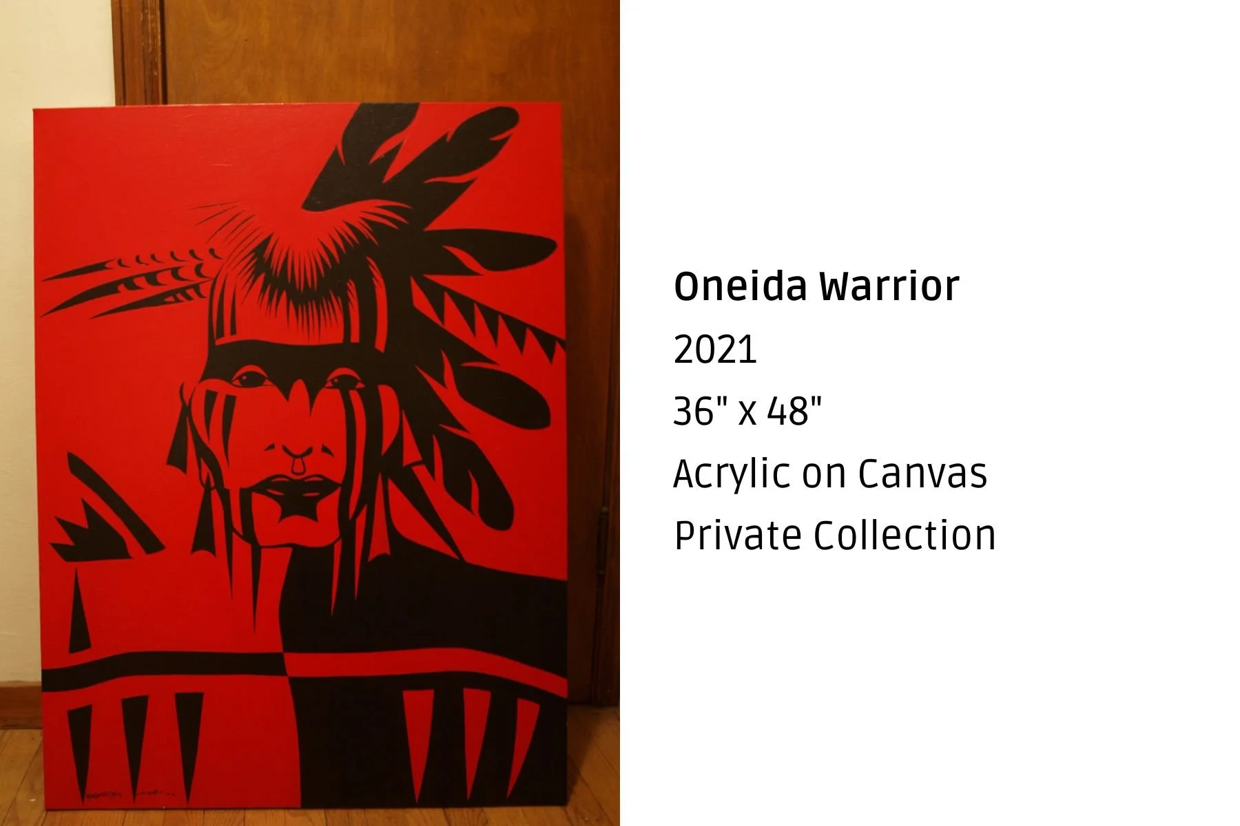 A red canvas artwork titled "Oneida Warrior" from 2021, measuring 36 by 48 inches, featuring a black stylized depiction of a person with long hair and a headpiece or feathers, in a graphic art style.