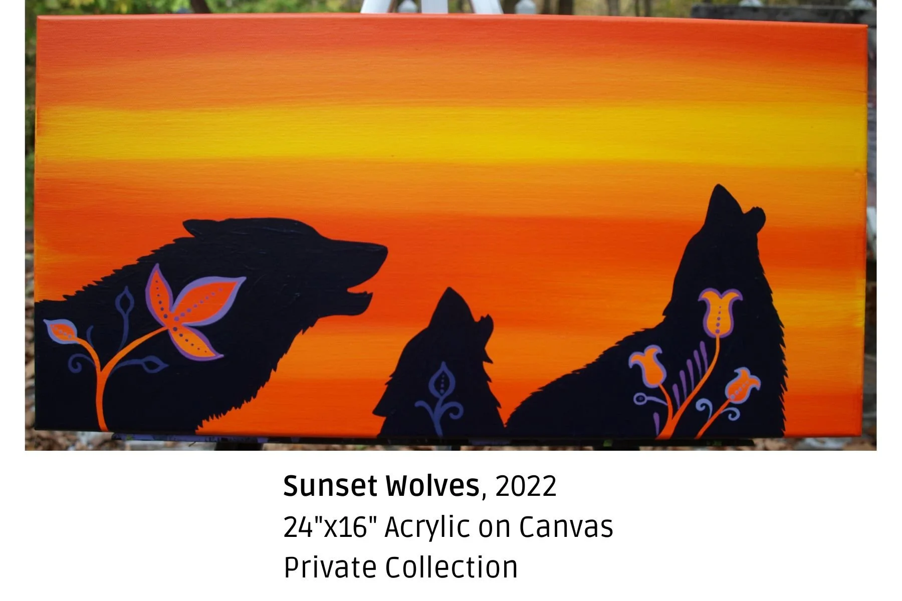 Painting titled "Sunset Wolves," 2022, depicting three black silhouette wolves against a vibrant orange and yellow sunset background, with stylized purple and orange flowers in the foreground.