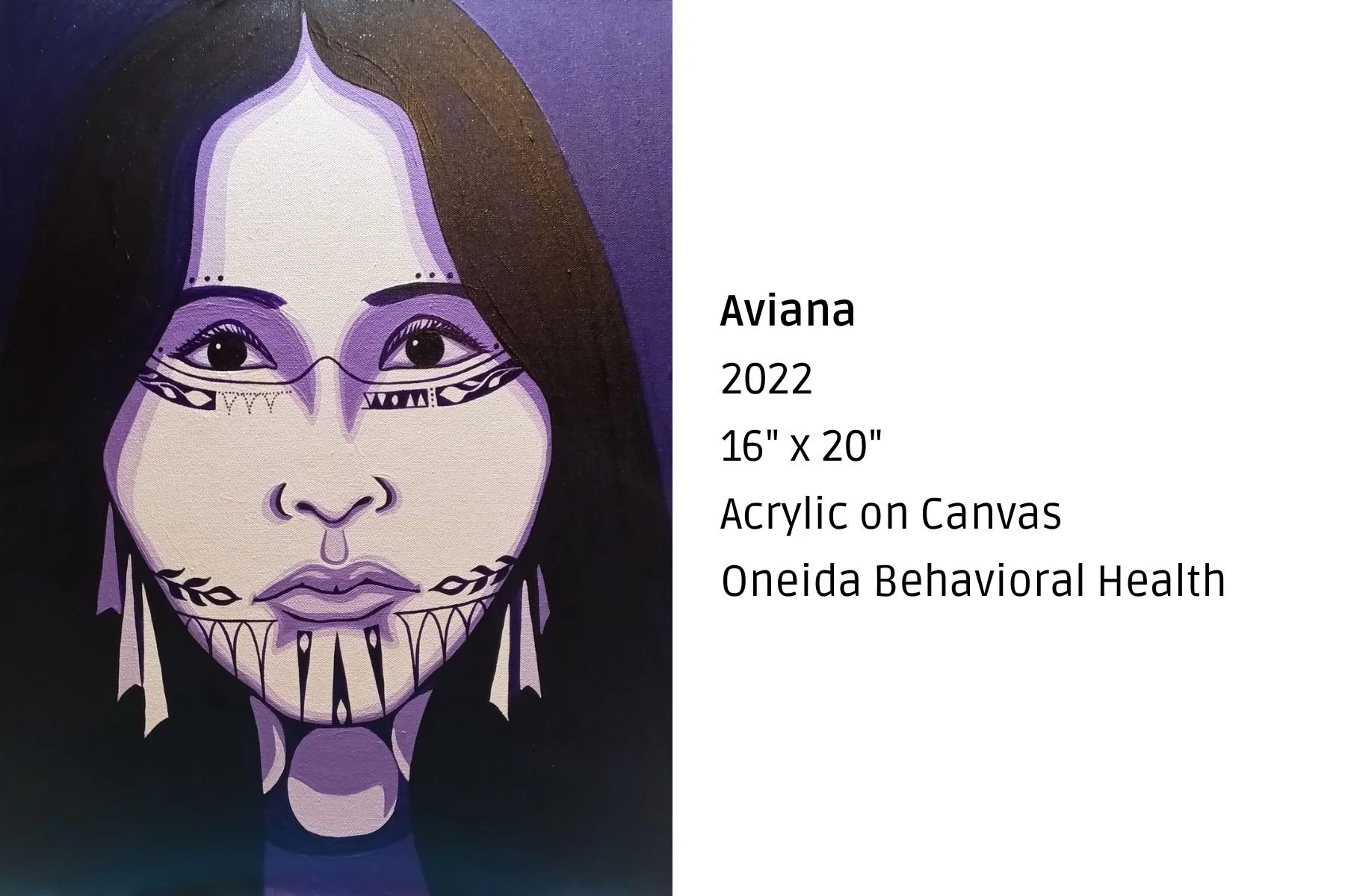 Digital artwork of a woman with face and body paint resembling a sugar skull, with dark hair, purple background, and tribal style detailing.