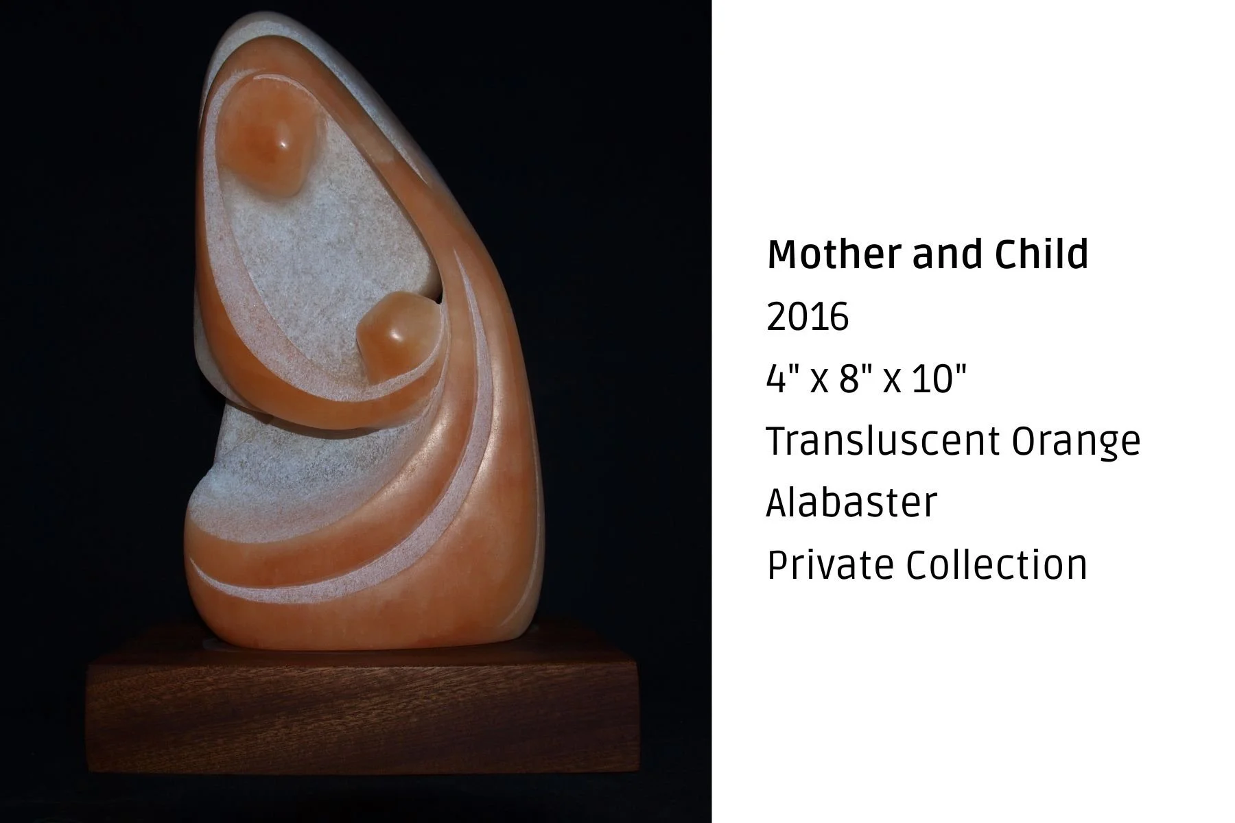 Sculpture titled Mother and Child made of translucent orange alabaster with flowing lines, on a wooden base.