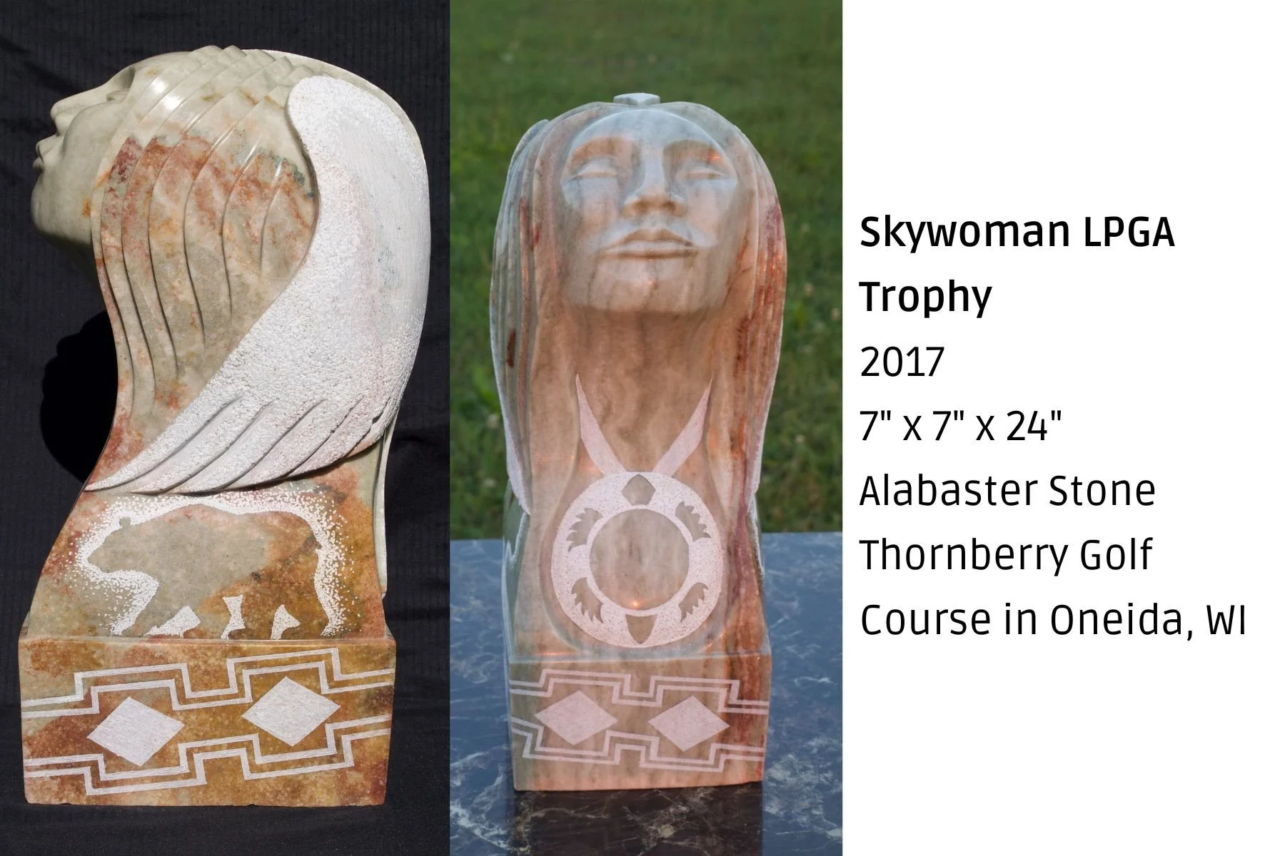 Two carved stone trophies displayed side by side. The trophy on the left features a detailed face carved into alabaster stone. The trophy on the right displays a smiling face with closed eyes and long hair, also carved from alabaster stone. To the ri