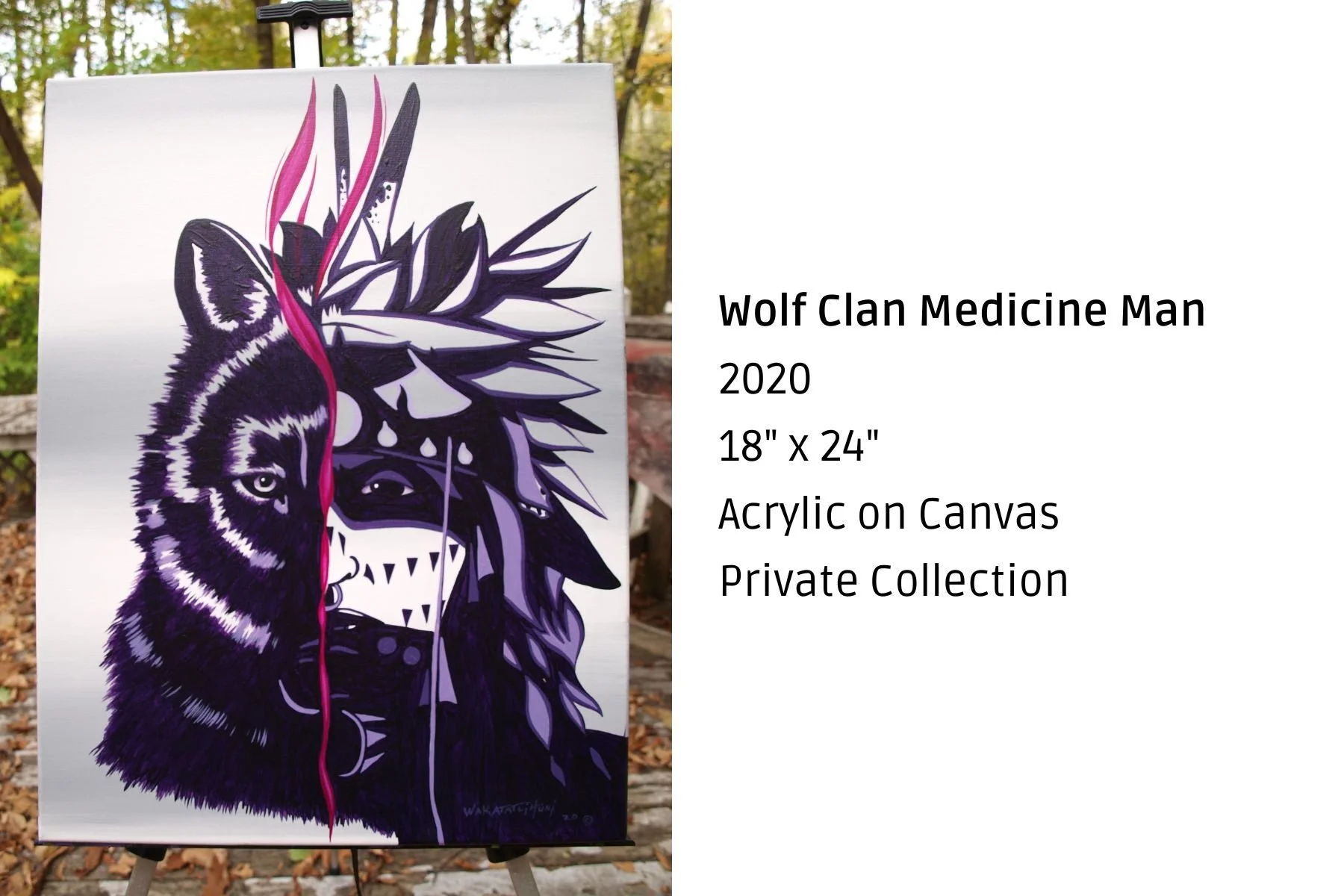A mixed media artwork titled 'Wolf Clan Medicine Man' from 2020, on an 18 by 24-inch canvas. It features a stylized wolf's face combined with indigenous and abstract elements, primarily in purple, black, and white, with accents of pink. The artwork i