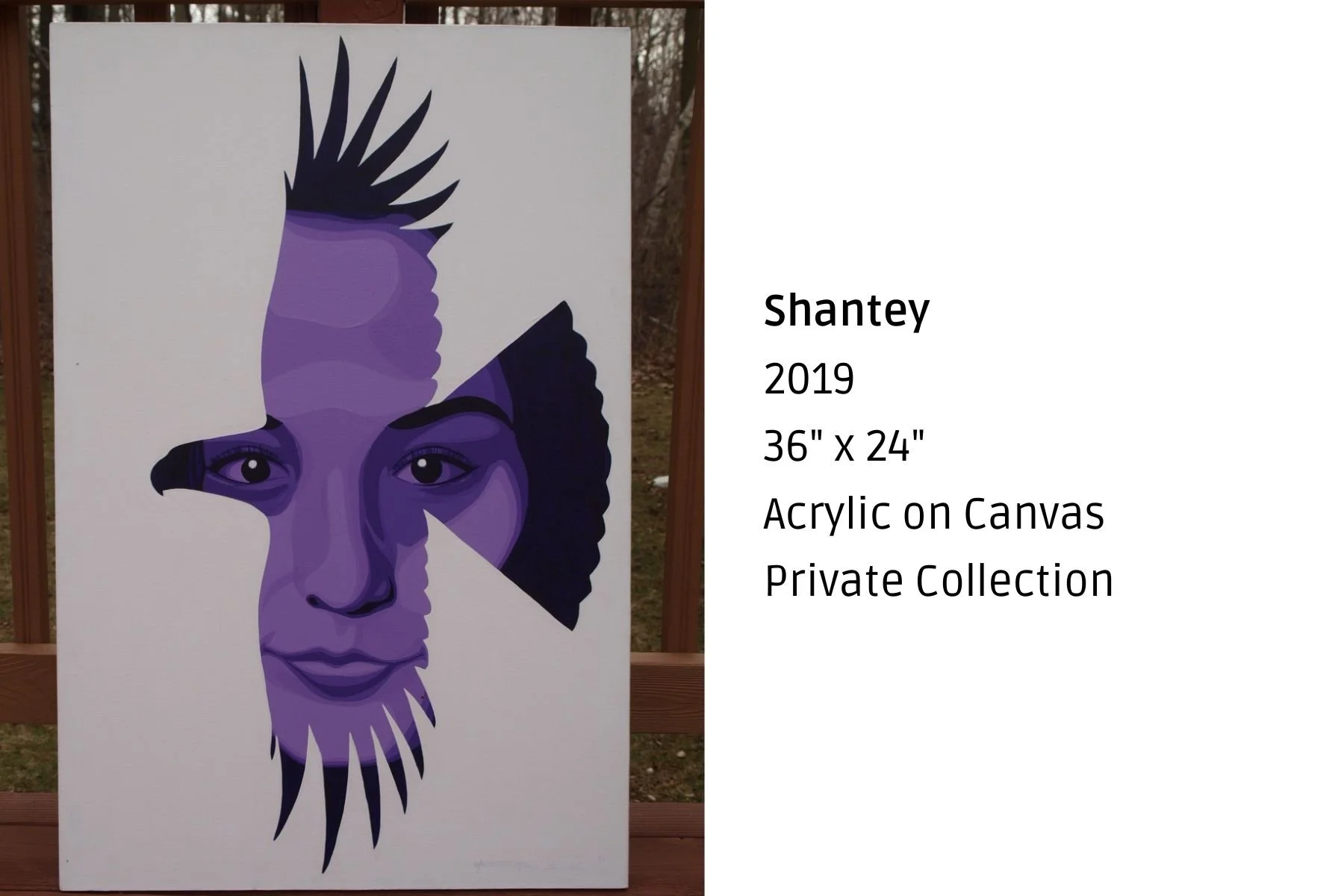 Acrylic on canvas art piece titled 'Shantey,' created in 2019, featuring a stylized portrait of a woman with a purple face and black hair, presented as a geometric composition.