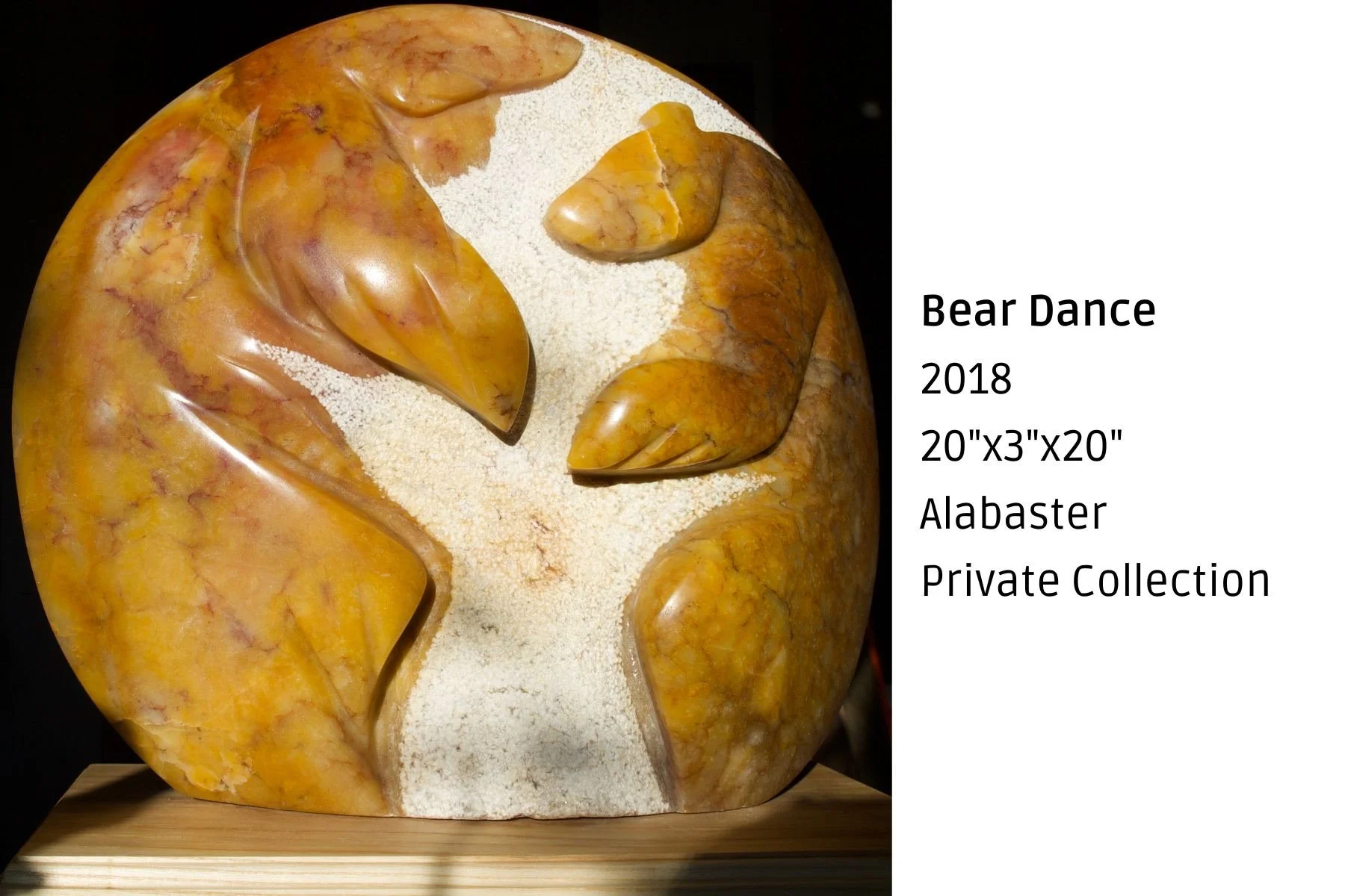 Marble sculpture titled 'Bear Dance' created in 2018, measuring 20 inches by 3 inches by 20 inches, made from alabaster, part of a private collection.