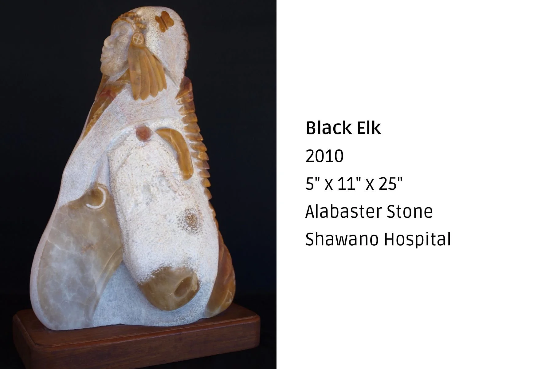 A sculpture of a black elk made of alabaster stone, measuring 5 inches by 11 inches by 25 inches, created in 2010, and displayed on a wooden base. The sculpture is part of the Shawano Hospital collection.