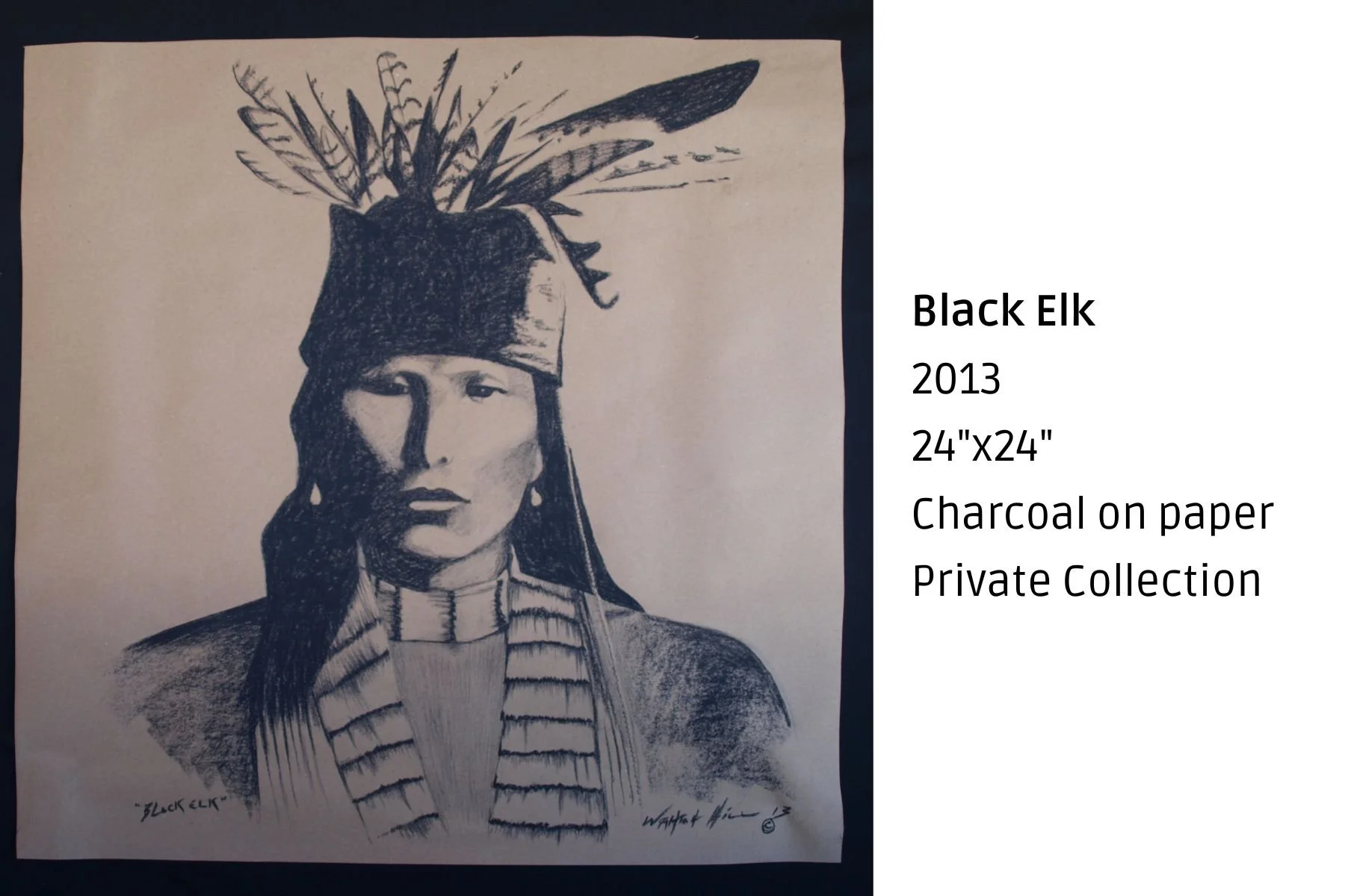 Charcoal drawing of a Native American woman wearing a traditional headdress with feathers, on paper with a caption 'Black Elk' and details about the artwork.