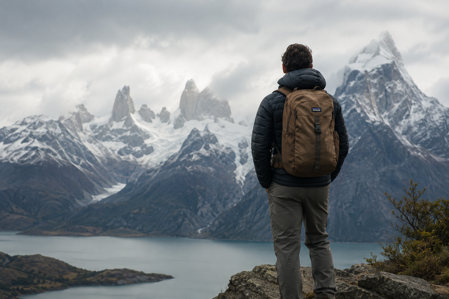 A person with a brown backpack standing on a rocky hill overlooking a lake and snow-capped mountains under a cloudy sky.