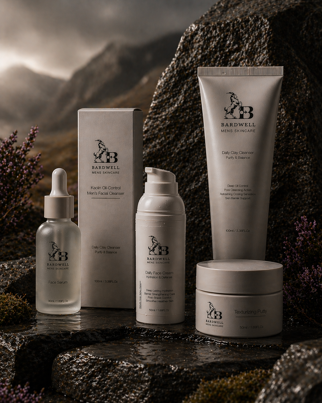 A collection of mens skincare products including Face Serum, Daily Face Cream, Clay Cleanser, and Texturizing Putty on a rock with mountains in the background.