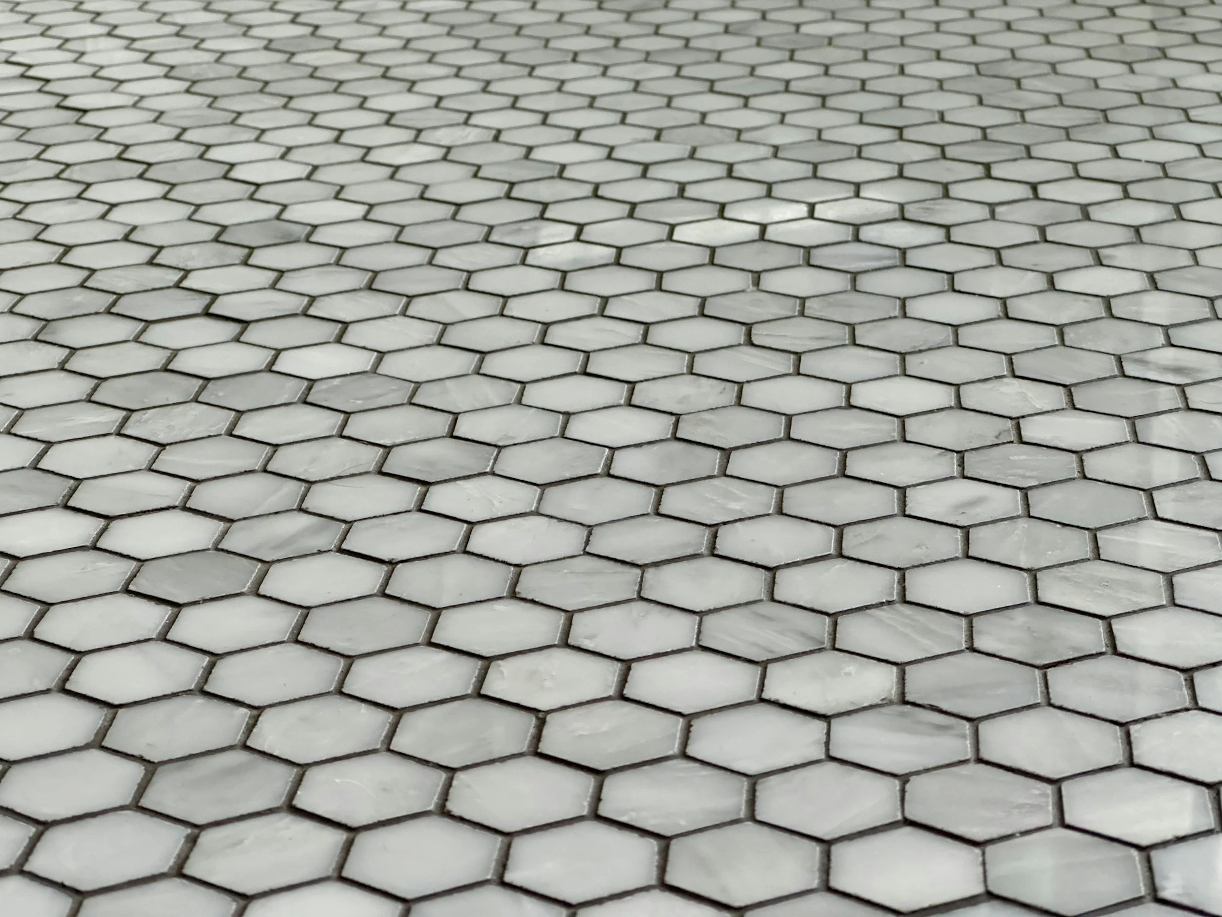 White hexagonal tile floor with black grout lines.