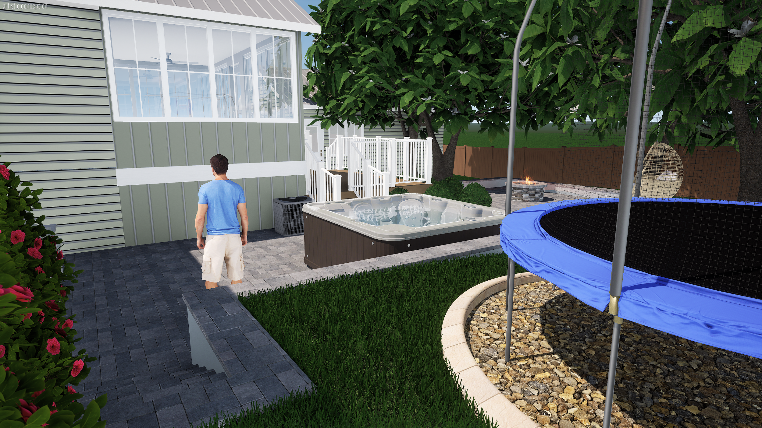 A backyard scene with a man in a blue shirt and beige shorts walking on a stone patio next to a hot tub, a trampoline with a safety net, a fire pit, and a hanging egg chair, surrounded by trees, bushes, and a wooden fence.
