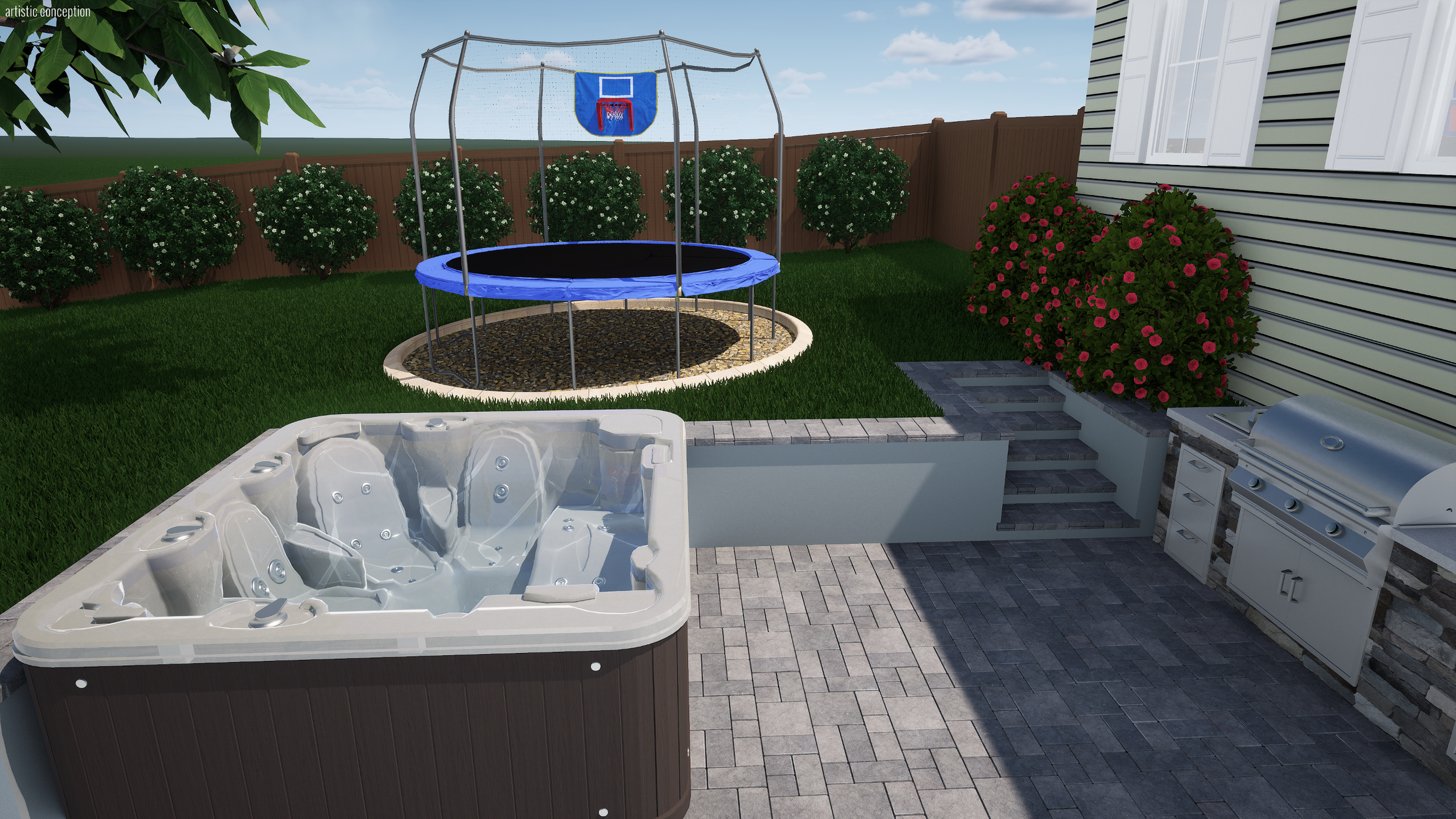 A backyard patio features a hot tub and a barbecue grill with a small outdoor kitchen area, surrounded by flowering bushes, a trampoline with a basketball hoop, and a wooden privacy fence.