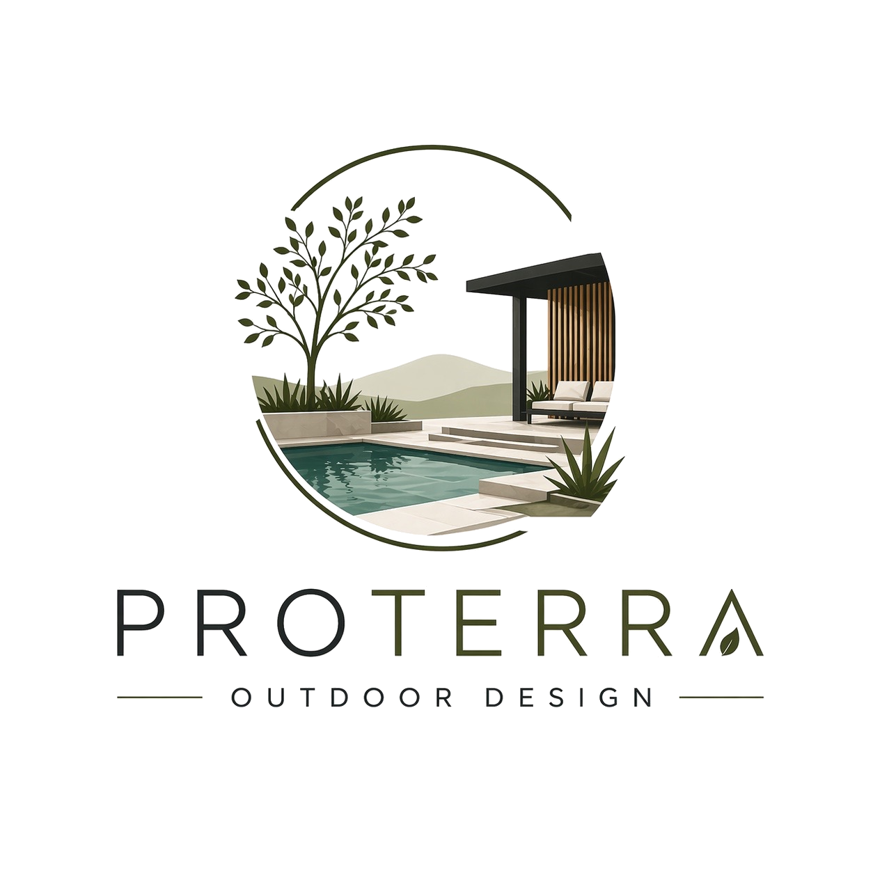 Logo for Proterra Outdoor Design featuring a modern outdoor space with a pool, tree, and seating area.