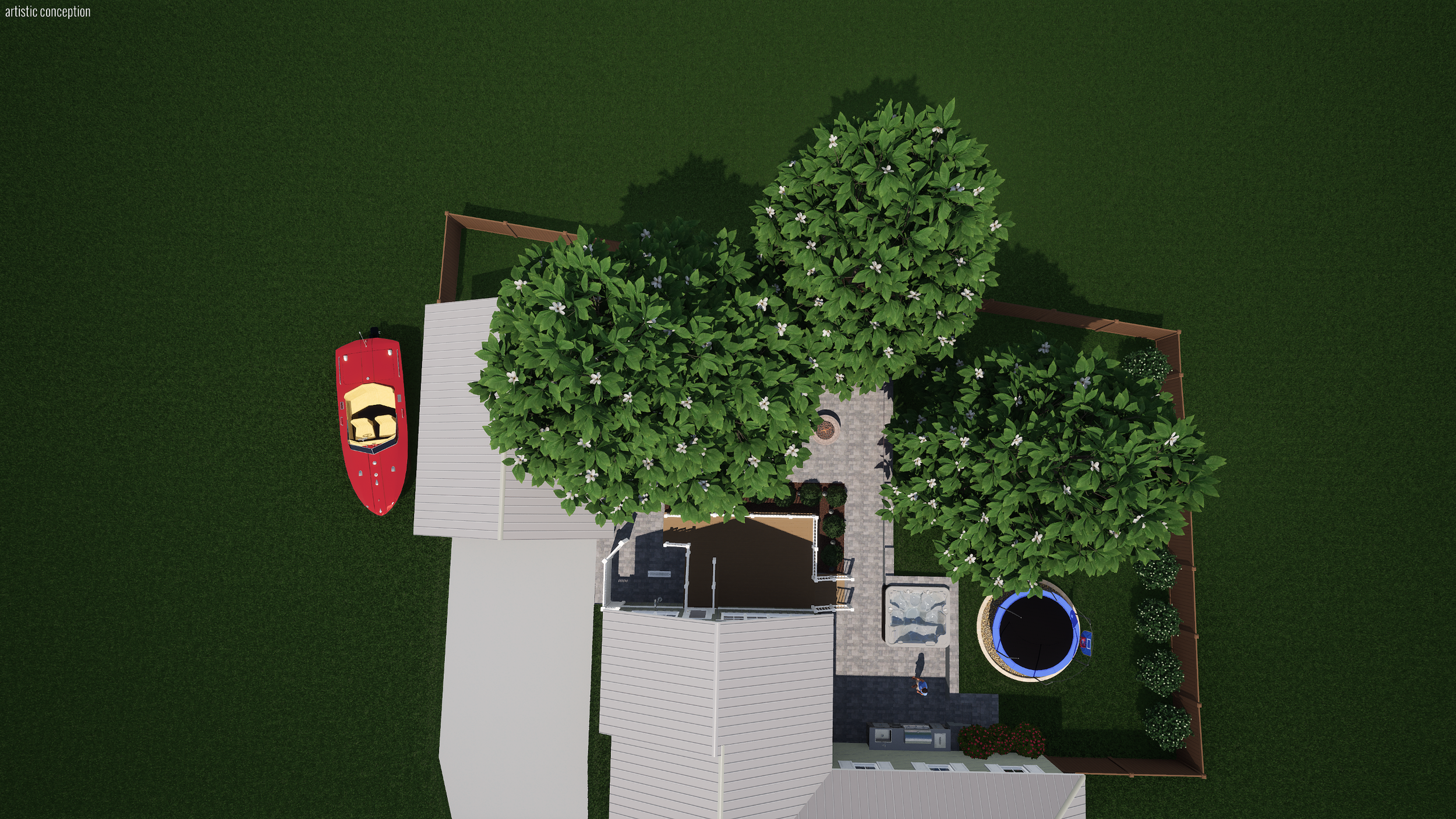 Aerial view of a backyard with two large trees, a trampoline, a boat, a patio with a sitting area, and a fenced yard.