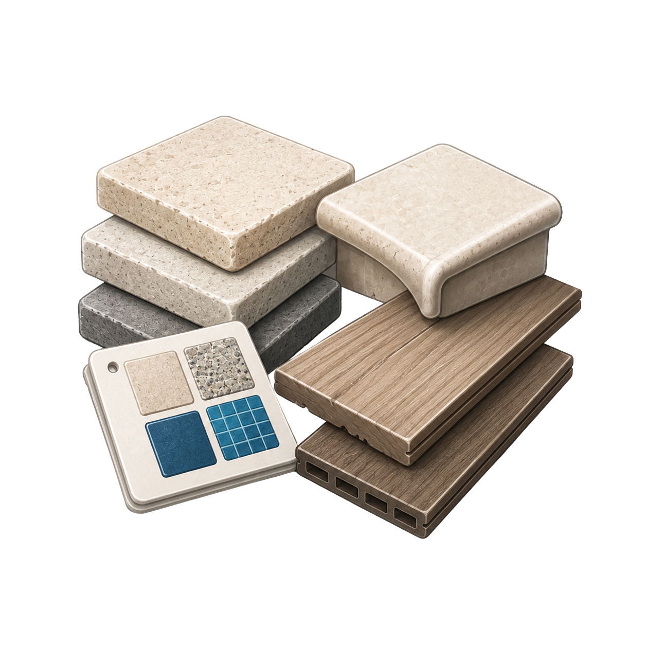 Samples of different types of flooring materials including tiles, wood, and synthetic options with a color and texture sample card.