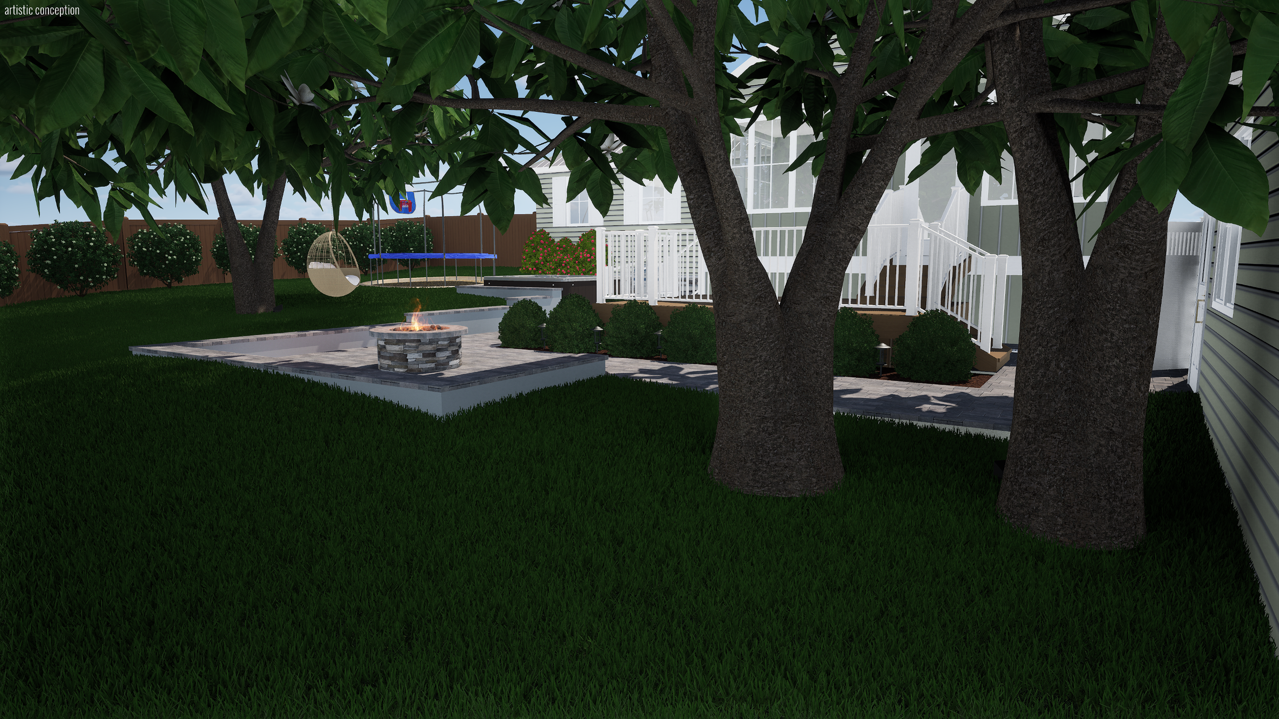 A backyard scene with two large trees, a fire pit with a small fire, a paved patio, a white staircase leading to a house, a trampoline, a hanging egg chair, and a fence with bushes along it.