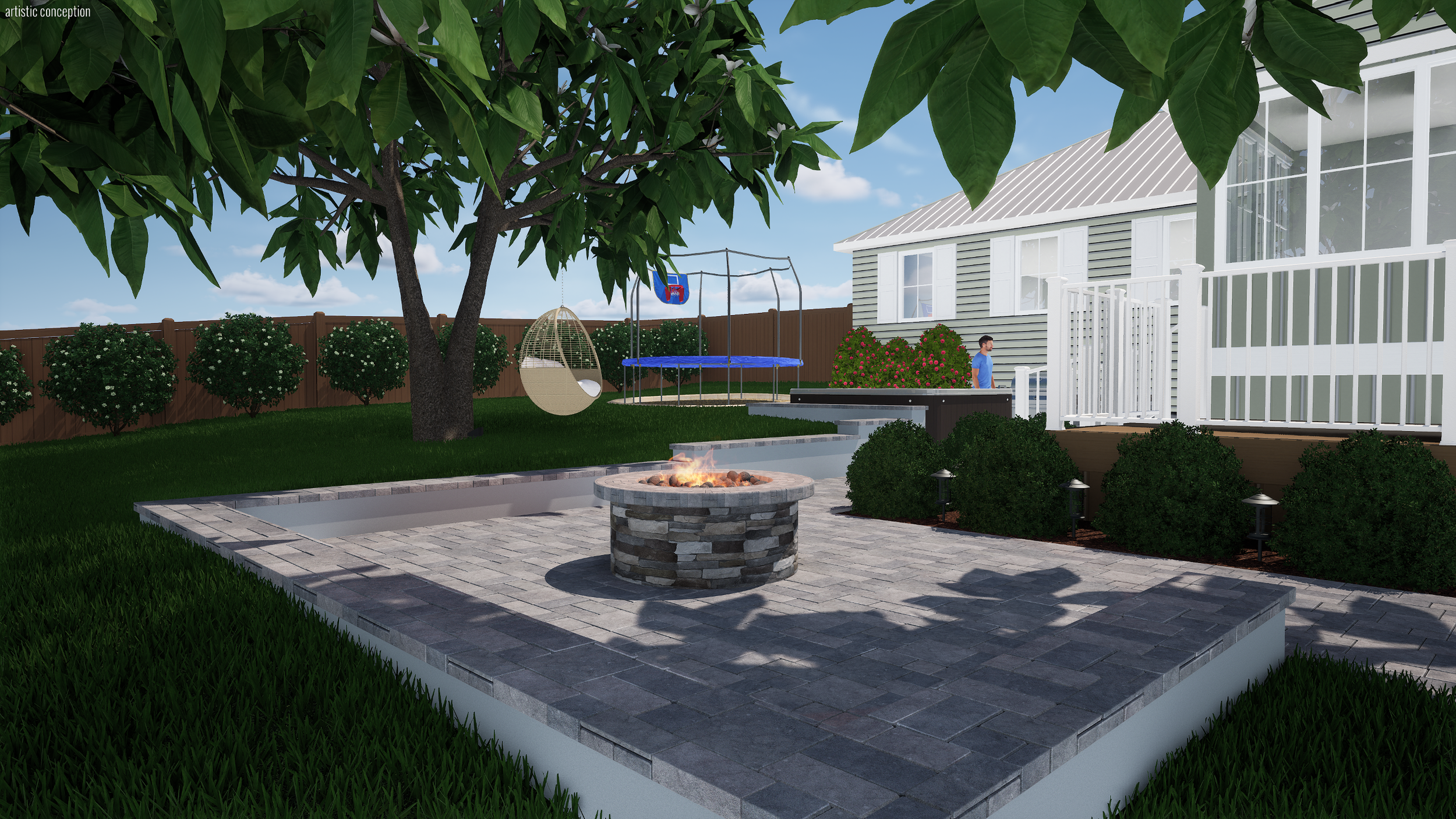 A backyard with a stone fire pit on a brick patio, a large tree with green leaves, a swing, a trampoline, a woman walking, and a house with a porch and white railings.