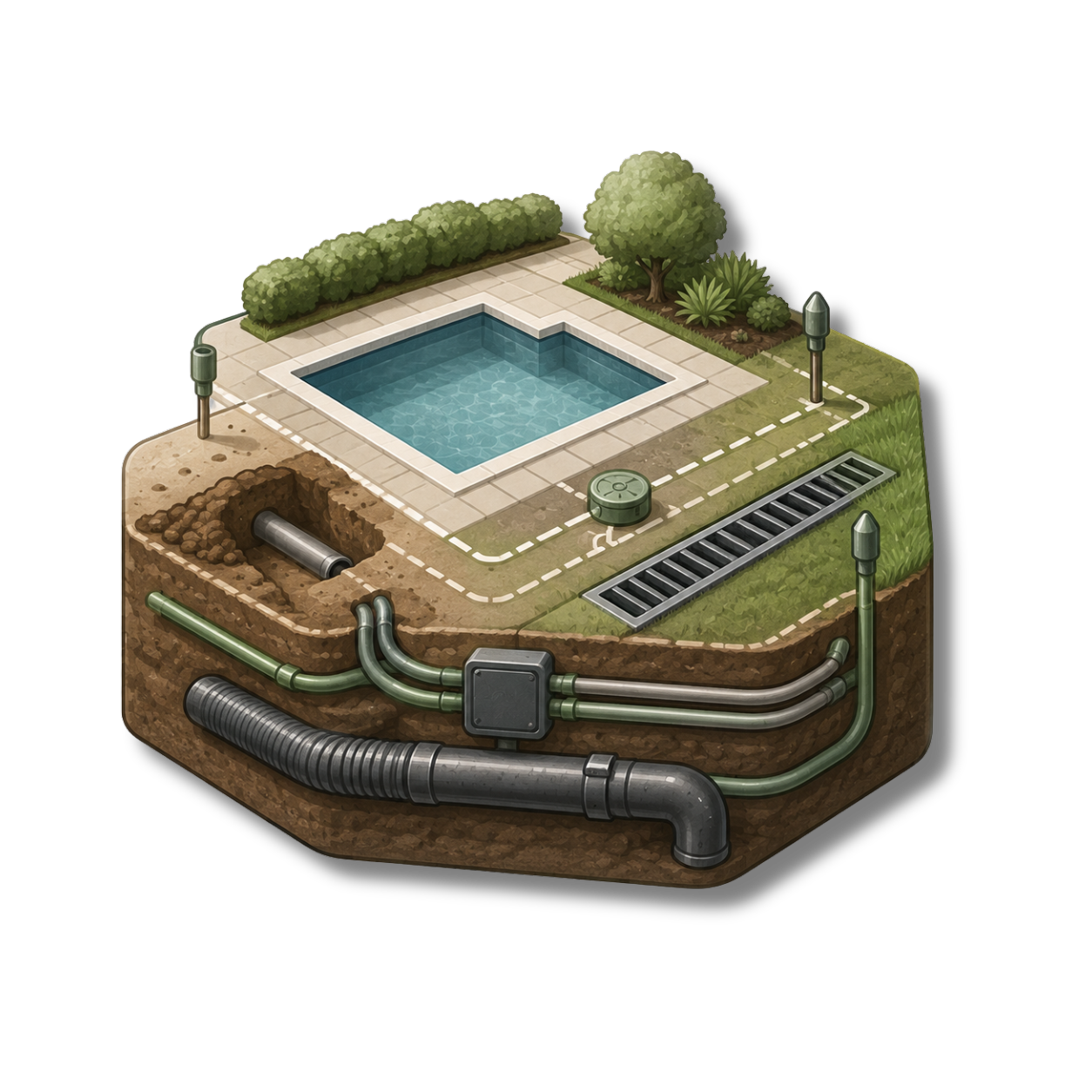 Cross-section illustration of swimming pool plumbing and drainage system with pipes, filters, and water supply.