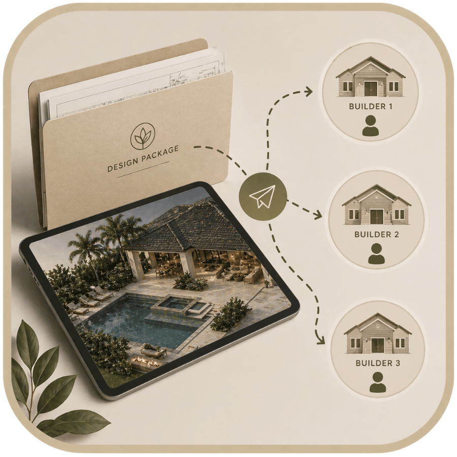 A design package folder, a tablet showing a luxurious outdoor pool and seating area, and a diagram with a paper airplane icon connecting to three house icons labeled Builder 1, Builder 2, and Builder 3, indicating different builders receiving the design plan.