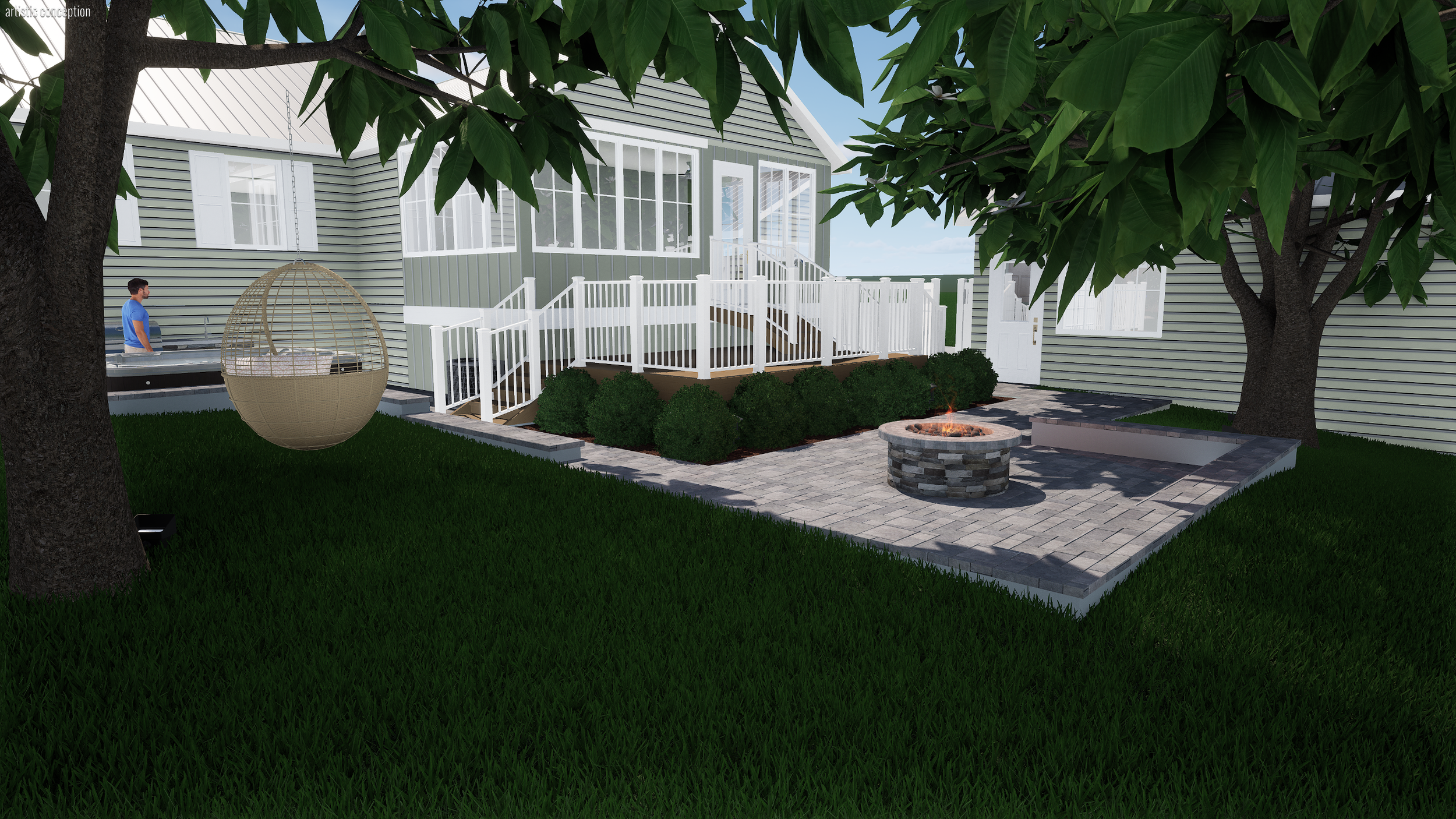 A backyard patio with a fire pit, surrounded by lush green grass and large trees. There is a house with a gray exterior, white trim, and a staircase leading to a deck. A man is near a hot tub on the left side of the image, and there is a hanging egg-