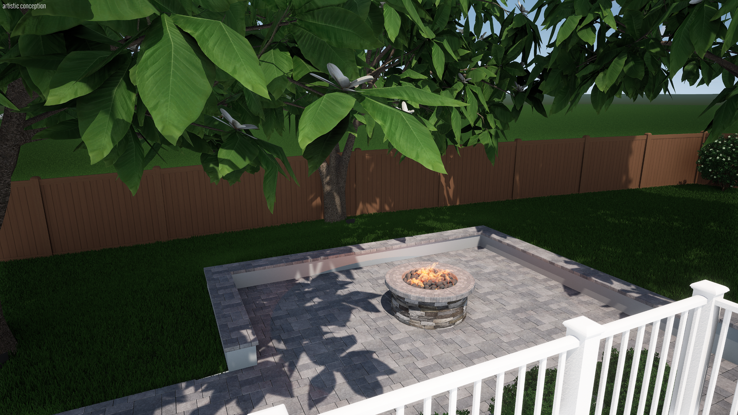 View of a backyard patio with a fire pit, surrounded by a brick paver area, a white railing, a wooden fence, and green lawn with a large leafy tree overhead.