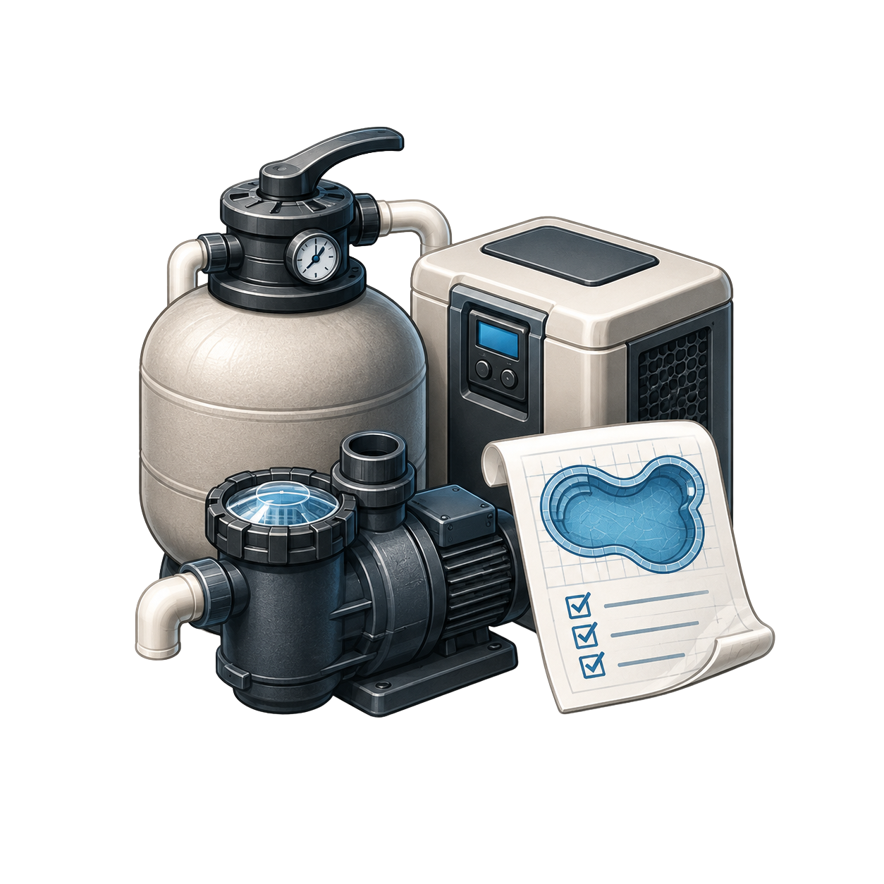 Pool filtration system with a filter tank, pump, control panel, and a blueprint of a pool