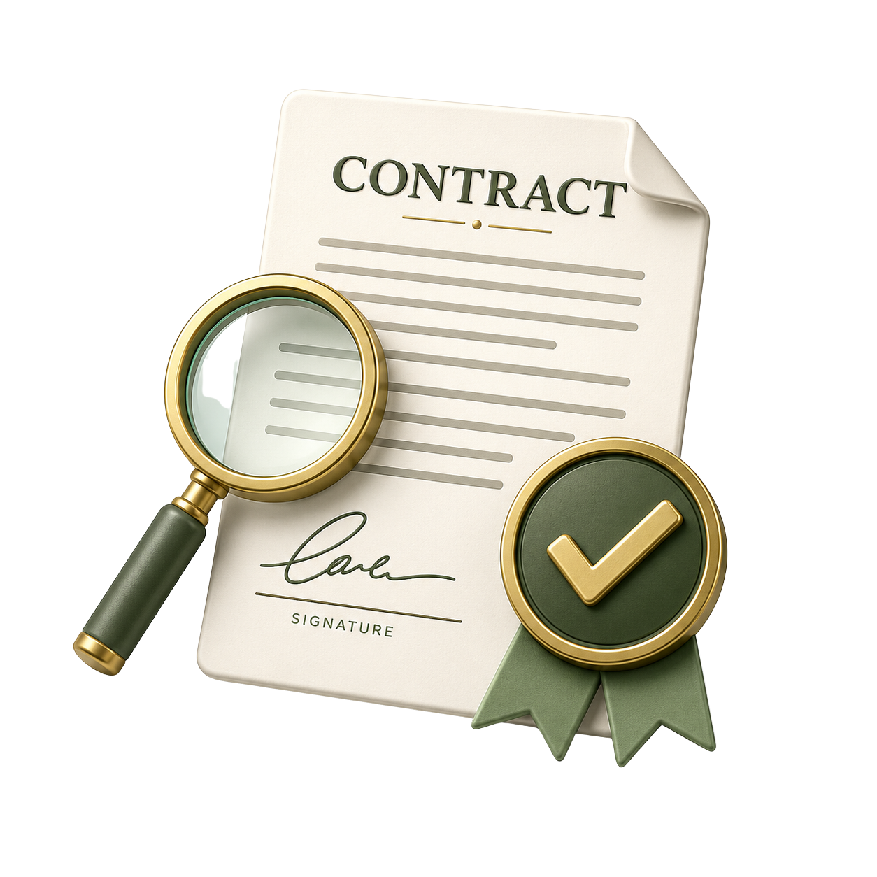 Contract document with signature, magnifying glass, and a green ribbon with a checkmark.