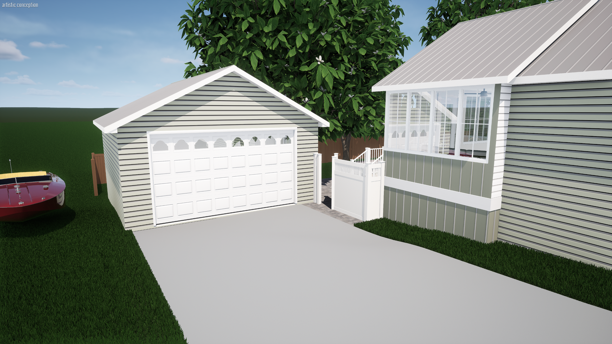 A driveway leads to a detached garage and a house with large screened porch, green siding, and white trim; a red boat is partially visible on the left, and a large green tree is behind the house.