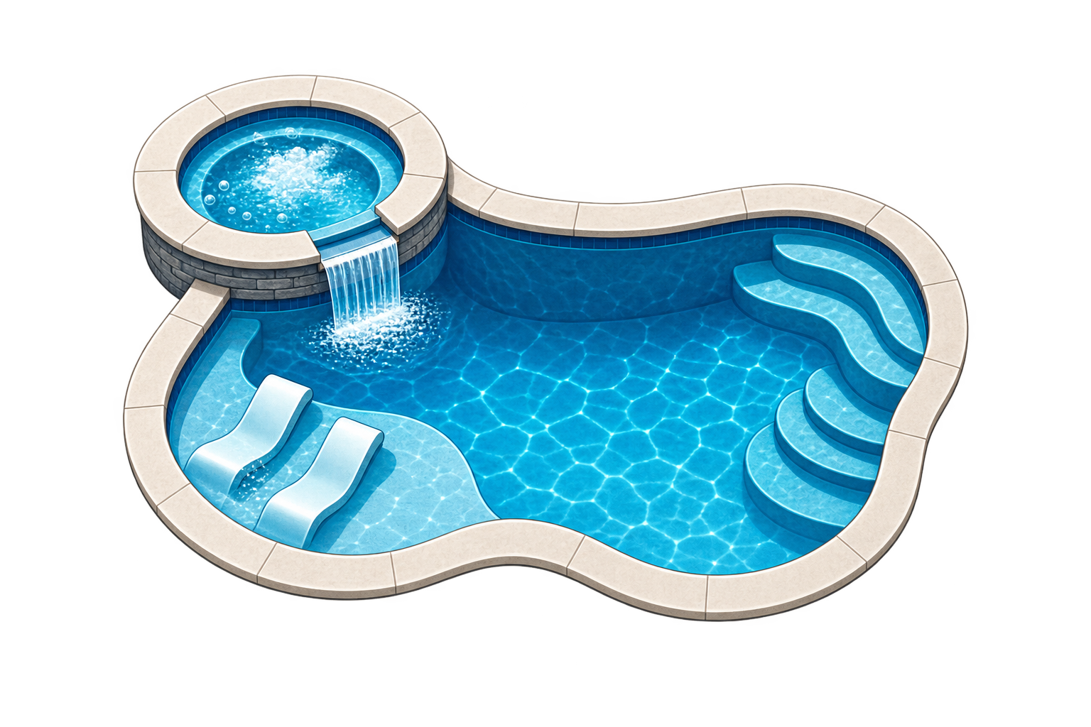 A swimming pool with a hot tub attached, featuring built-in stairs and a waterfall feature.