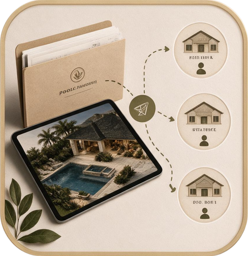A tablet displaying a house with a swimming pool, a folder labeled 'FLOORPLANS' sitting behind it, and a diagram showing three house options labeled 'RENT HOME,' 'RELEASE,' and 'DROP OFF,' with arrows indicating selection.
