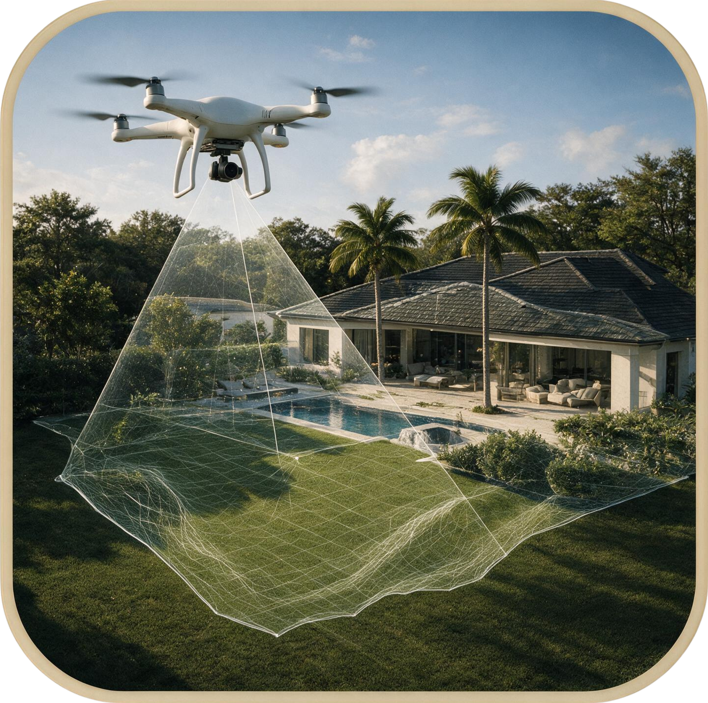 A drone flying above a backyard with a spider web hanging from it, a swimming pool, sunroom, and palm trees in the background during daytime.