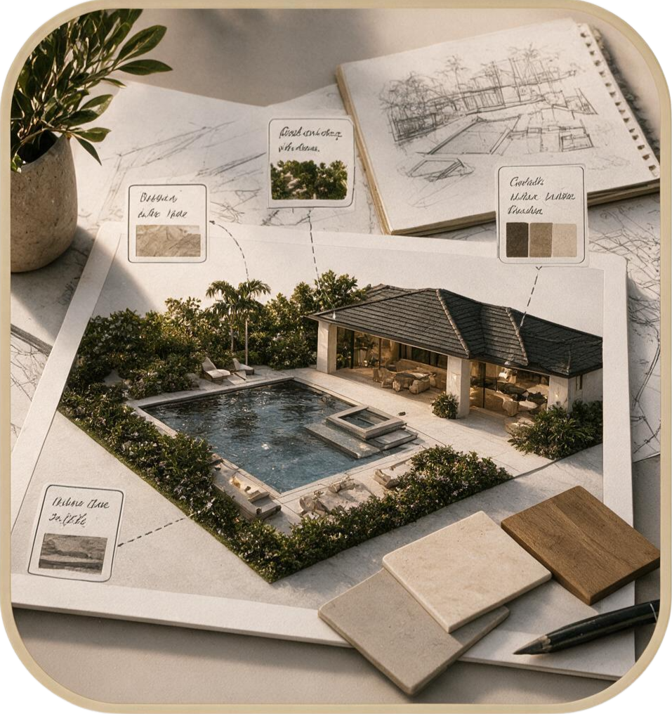 A scaled architectural model of a backyard with a swimming pool and a pavilion, surrounded by trees. The model is on a large white sheet with notes and color swatches for landscaping and house materials, with sketches and plans in open notebooks nearby and small sample tiles and a pen.