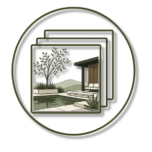 A modern outdoor patio with a pool, a tree, and a shaded seating area.