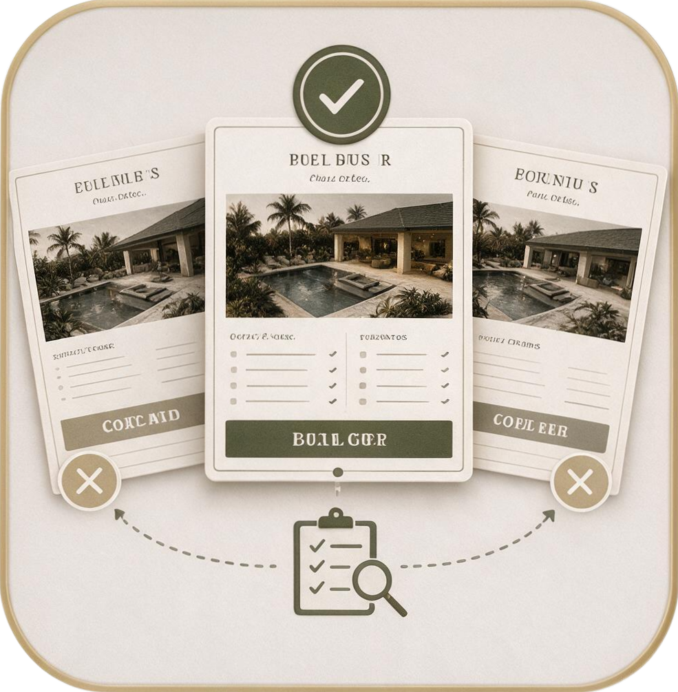 Three selection cards with images of a backyard pool, palm trees, and a house, labeled 'COULARD', 'BOULLGER', and 'COBELER', with checkmarks and dots indicating options or choices, and an icon of a magnifying glass and checklist at the bottom.