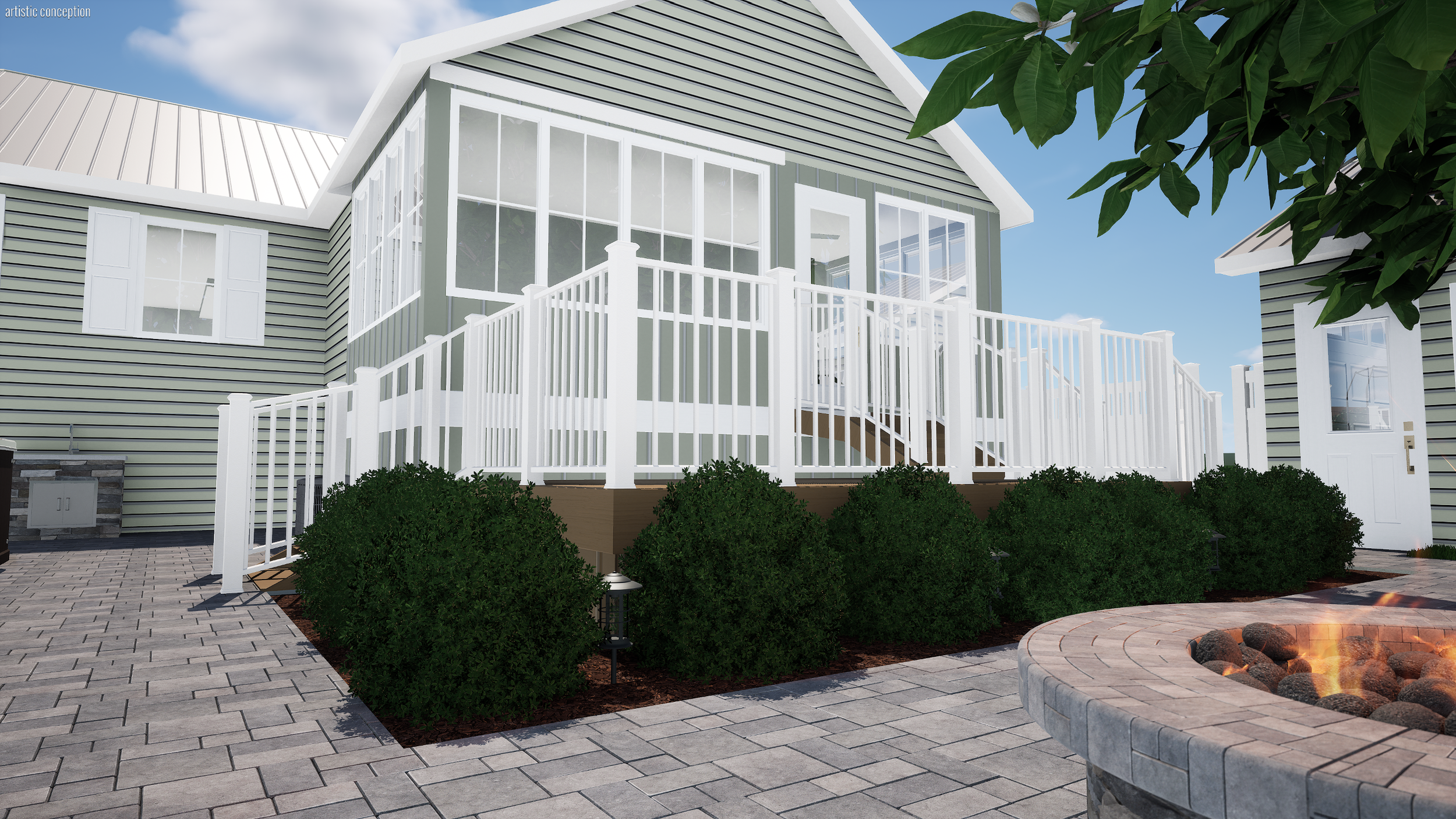 A house with green siding and white trim featuring a screened-in porch, white railing, and stairs leading up to it. There is a landscaped yard with bushes and a small fire pit in the foreground, under a partly cloudy sky.