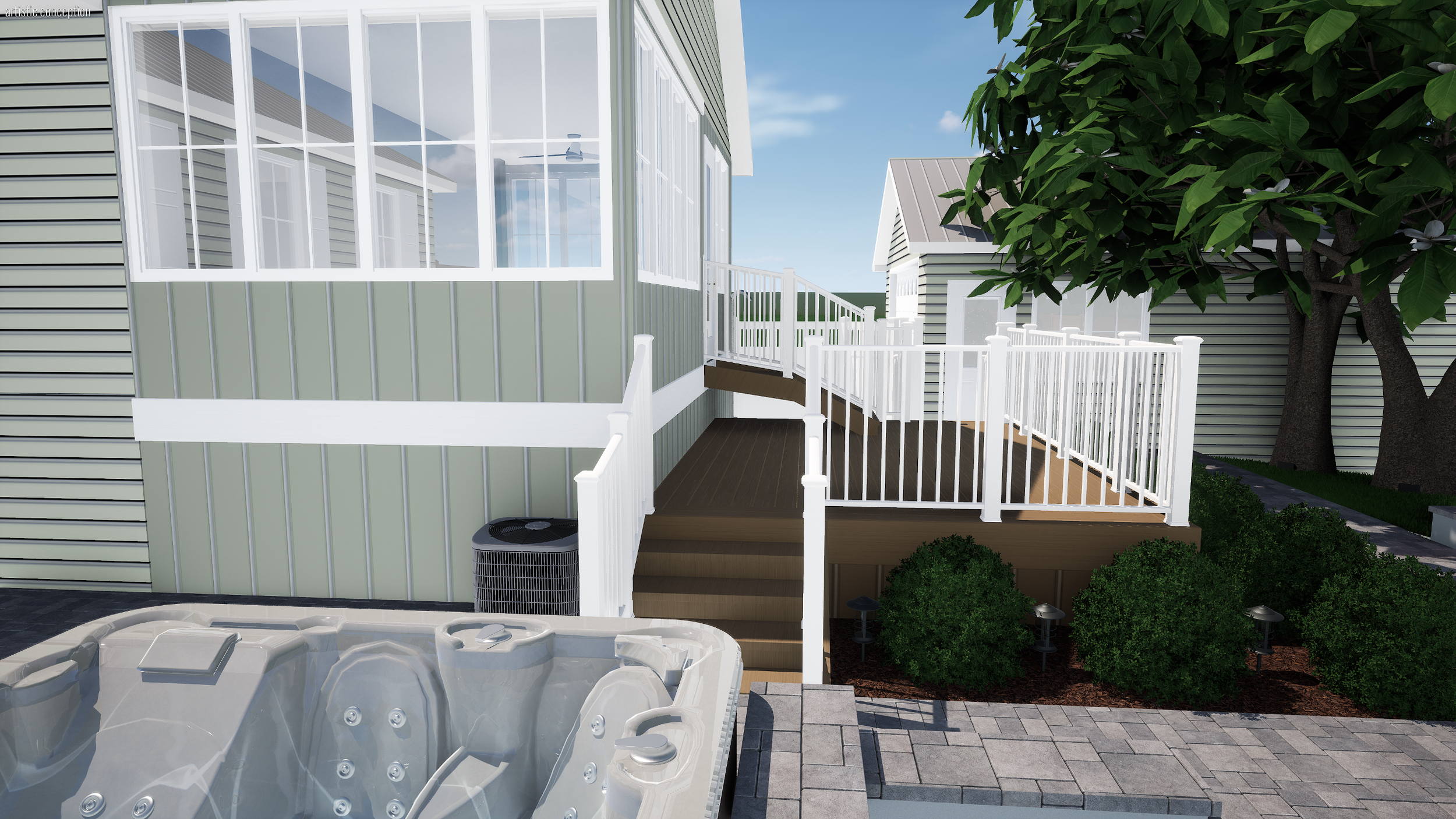 View of an outdoor patio area with a hot tub, a wooden deck, white railing, stairs, a large tree, and residential houses with metal roofs in the background.