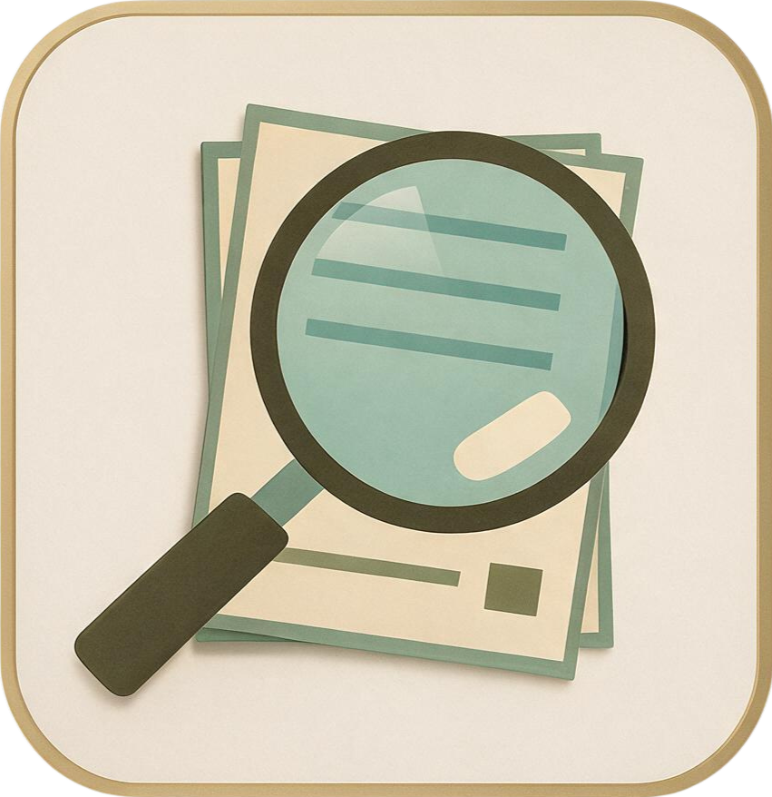 Illustration of a magnifying glass placed over a stack of documents or papers.