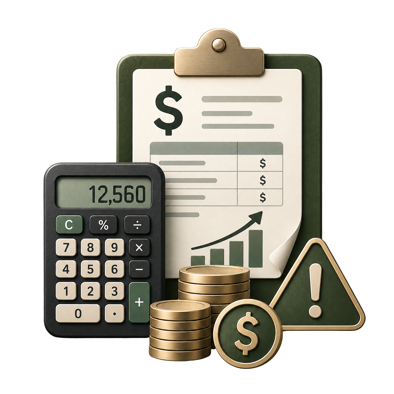 Financial document with upward trending graph, calculator showing 12,560, stacks of coins, and a warning sign with a dollar symbol.