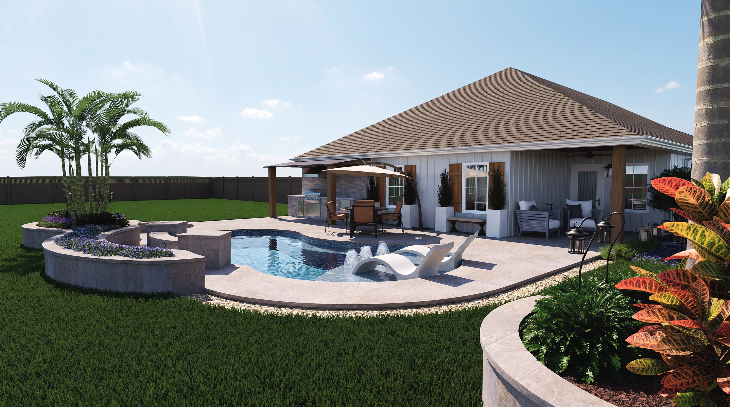 Backyard view with swim spa, outdoor seating, a barbecue grill, lush green lawn, and various plants and trees.