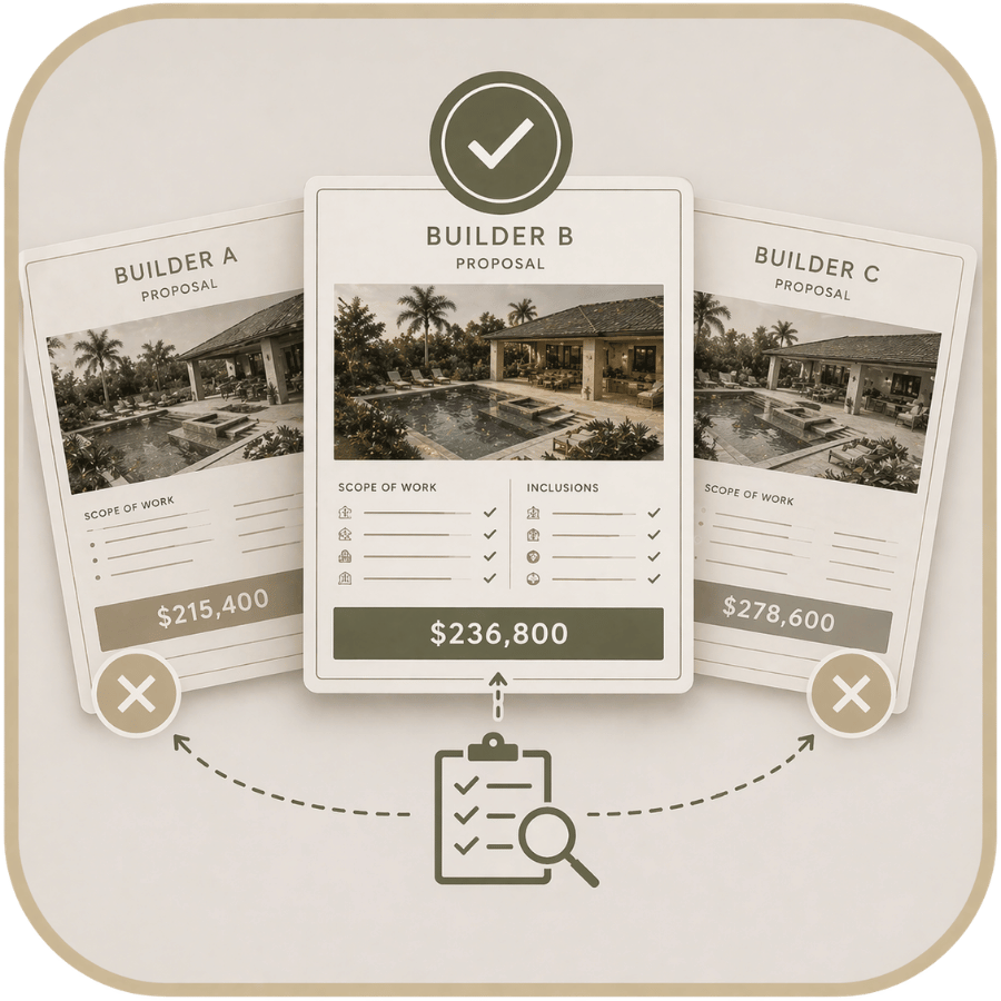 Comparison of three proposal cards for building construction, labeled Builder A, Builder B, and Builder C, with Builder B selected and a total cost of $236,800.